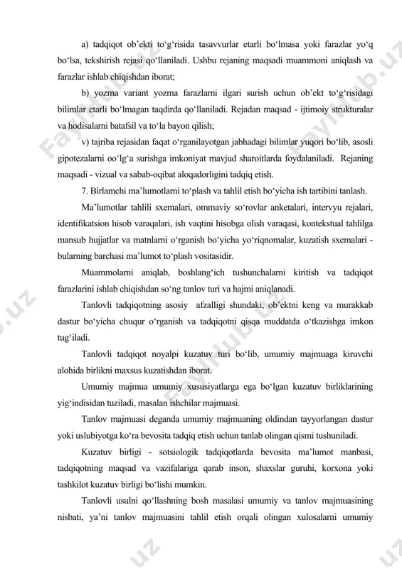 gini aniqlashdan iborat. tanlov qoidalariga qat’iy amal qilinganda tanlovli tadqiqot reprezentativ bo‘lib, tanlov majmuasi umumiysiga mos keladi. tadqiqotning printsipial va strategik rejasini ishlab chiqish. mutlaq tasodifiy tanlov. tanlovning ushbu turi umumiy majmuaning istalgan elementiga tanlanish uchun teng imkoniyatlar yaratilishini ta’minlashni ko‘zda tutadi. buning uchun umumiy ro‘yxat (familiya, alfavit, raqam bo‘yicha) tuziladi. so‘ng muayyan ijtimoiy yoki ijtimoiy-demografik belgi bo‘yicha ro‘yxatga kiruvchi elementlarni gruppalab, umumiy majmuaning turli strukturalariga ega bo‘lamiz, masalan jins, yosh, ma’lumot bo‘yicha. mutlaq tasodifiy tanlovni tashkil etishning ikki asosiy usuli mavjud: tadqiqot birligini tanlashning tasodifiy qaytariluvchi va qaytarilmaydigan usuli. ular qur’a qutisi (lotareya) modeliga asoslangan bo‘lib, quyidagicha amalga oshiriladi: yagona ro‘yxatda umumiy majmuaning har bir elementiga xosilaviy raqam tamoyili bo‘yicha tartib raqami beriladi va har bir raqam “chipta”ga yoziladi, ular qutida obdan aralashtirilgach, tanlov majmuasiga qancha miqdorda kuzatuv birligi lozim bo‘lsa, shuncha dona chipta ajratib olinadi. bunda tanlab olingan chiptalardagi raqamlar so‘rov o‘tkazilishi lozim bo‘lgan respondentni ko‘rsatadi. mutlaq tasodifiy …