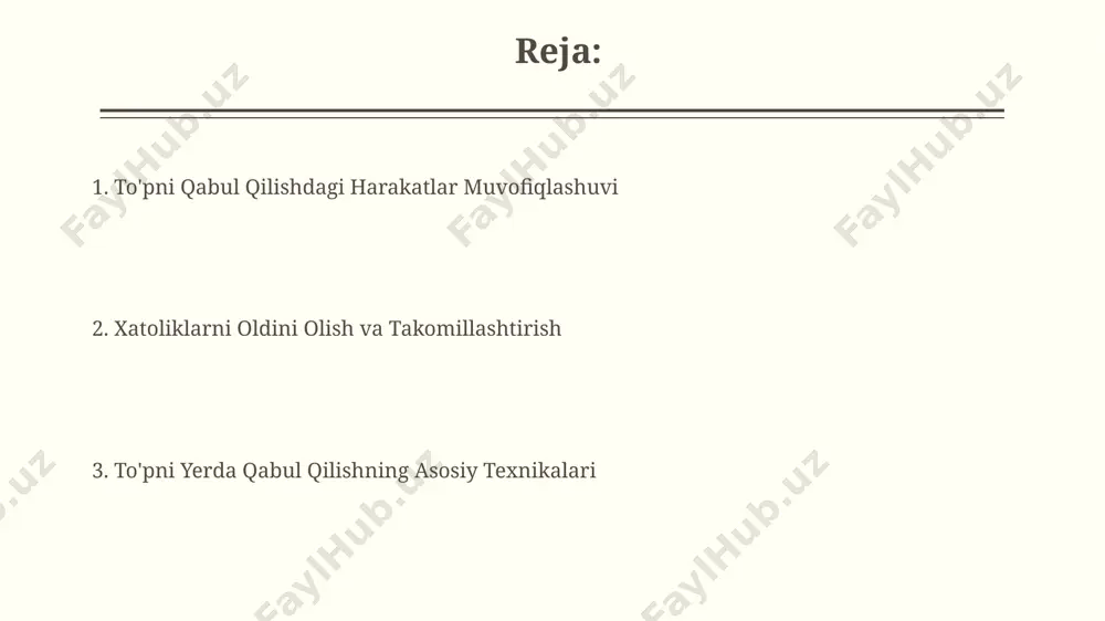 ingi 0,5 soniyada tezkor qaror qabul qiling: birinchi bazaga uzatish, ikkinchi bazaga uzatish yoki o'zingiz tashlab yuborish. bu vaqtda vaziyatni baholash muhim. to'pni ushlagandan keyin, tezkorlik bilan o'zingizning tana og'irligingizni uzatish yo'nalishiga o'tkazing, bu sizga aniq va kuchli uzatishni amalga oshirishga yordam beradi; bu esa 1-2 soniyadan kam vaqtni oladi. qo'llarni joylashtirish qo'l bilaklari bir-biriga parallel bo'lishi va barmoqlar to'pga qaratilib, qattiq emas, balki bir oz egilgan holda bo'lishi kerak, bu esa barqaror ushlashga yordam beradi. qo'llarni to'pga 15-30 sm masofada, yelka kengligida joylashtiring, bu to'pning harakat yo'nalishini aniqroq bashorat qilish imkonini beradi. e'tiboringiz uchun rahmat @taqdimot_robot image2.jpg image3.jpg image4.jpg image5.jpg image6.jpg image7.jpg image8.jpg