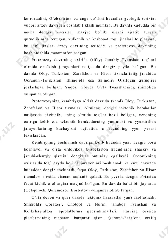 xarakatlar va vulkan jarayonlari ham bo`lib turgan. vulqanlar otilishi janubiy tyanshan tog`larnda toshko`mir davrining quyi (namyur yoki serpuxov asrlarida) va o`rta (bashqird asri) bo`limlarida xam sodir bo`lgan. o`zbekiston va unga yondosh xududlarning tektonnk ko`rinishining shakllanishida toshko`mir davrining moskva asrida bo`lib o`tgan tektonik harakatlar ayniqsa katta rol o`ynagan. yukori karbonning oxiri va perm davrlarida hozirgi oloy tizmasi, farg`ona cho`kmasi, ustyurt platosi va amudaryo havzasi quyi qismlarini yana dengiz bosgan. fakat qoratog`, chotqol va janubiy tyanshanning ba`zi bir qismlarida tektonik harakatlar sodir bo`lib, qorjantog` va qurama tizma tog`lari joylashgan hududlarda vulkanlar ham otilib turgan. permning oxirlari va triasning boshlanish davrlarida ustyurt, janubiy farg`ona hududlarini dengiz bosgan, boshqa hududlarda esa kuruqliklar mavjud bo`lib, ular asosan tekisliklardan iborat bo`lgan. triasning o`rtalarida hududda asosan tekisliklar hukm surgan, ba`zi bir joylarda supa tog`lar ko`tarilib turgan. quyi va o`rta yurada o`zbekiston hududida asosan quruqlik sharoiti hukm surgan. yuqori yuraga kelib jumhuriyatning anchagina qismini (g`arbiy, janubiy) tetis okeanining …