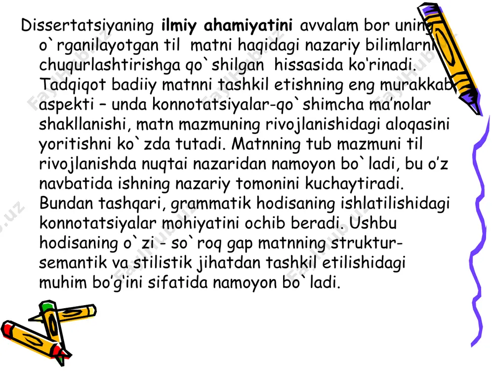 atdoshni sezishga chorlash (nutqga – talab, harakatga - undash) bo`ladimi yo`qmi undan qat’i nazar. kommunikativ turlar deb yuritiladigan shunday gaplarning turlari paradigma bo’laklari sifatida ko’riladi va gapning shakllari deyiladi. barcha keltirilgan ishlar umumiy holatda so`roqning mazmun strukturasi jihatdan murakkabligidan dalolat beradi, chunki turli mualliflar turli xil semalarni ta’kidlaydilar. shu bilan birga uning ochib berish maqsadida semalar bo`yicha tahlilni qo`llashning mumkinligi va maqsadga muvofiqligini tasdiqlaydilar. ushbu tadqiqotning asosi so`roq gap semantikasida avvalambor denotativ ma’noning mavjudligi bo`lishi mumkin. denotativ sema sifatida “so`roqlilik” va “manzillilik” ko`zga tashlanadi. so`roqda “darak” semaning paydo bo`lishi ko`chirma ma’no (metaforika) hodisasiga kiradi. “so’roqlilik” va “manzillilik” semalaridan tashqari, bu yerda “so‘roqlilik” kategorial belgi sifatida tushunilishi kerak, boshqa semalar ham mavjud, farqlovchi, masalan, tasdiq yoki inkor, yoki voqelik, imkon, xohish va h.: ‘‘if i had the power to disobey you, do you think i’d be here now?’’ ‘‘do you know what i will do if you attempt to keep something …