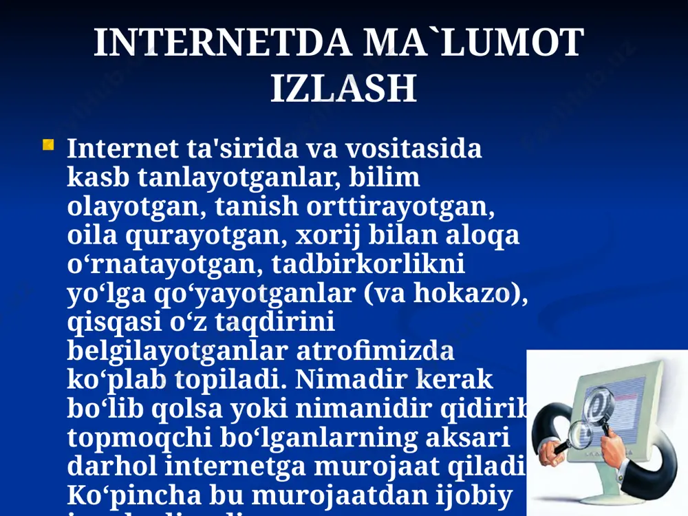 cha qidiruv; ma'lumotlarni uning joylashgan mintaqasi bo‘yicha qidiruv; ma'lumotlarni uning joylashtirilgan sanasi bo‘yicha qidiruv; ma'lumotlarni uning joylashgan internet hududi bo‘yicha qidiruv; ma'lumotlarni xavfsiz qidiruv. qidirish turlari internet tarmog‘ida turli ma'lumotlar, fayllar mavjud. dearli ularning har bir turini qidirib topishga mo‘ljallangan alohida tizimlar ishlab turibdi. masalan, odamlarni, kino yoki musiqani, rasmlarni alohida qidirish imkoniyati bor. global tarmoqda grafik ma'lumotlarning ko‘plab turlari uchraydi, ya'ni: chizma (vektor), foto (rastr), harakatlanuvchi (animatsiya) hamda siqilgan rasmlar. rasm ko‘rinishidagi ma'lumotlarni faqatgina uning nomi yoki turi bo‘yicha qidirib topish mumkin. ko‘pgina internet qidiruv tizimlari grafik yoki tasvir ko‘rinishidagi ma'lumotlarni axtarish uchun alohida bo‘lim va funksiyalarni joriy etgan. bunday tartibdagi ixtisoslashuv izlanayotgan ma'lumotning tez va aniq topilishiga ko‘maklashadi. milliy axborot-qidiruv tizimi albatta, yurtimizda internetning taraqqiy etishi va milliy segment hajmining oshib borishi milliy axborot-qidiruv tizimlarini yo‘lga qo‘yish ehtiyojini yuzaga keltirdi. bugungi kunda bir nechta mahalliy qidiruv tizimlari faoliyat ko‘rsatapti. ular orasida www.uz — milliy axborot-qidiruv tizimi alohida o‘rin …