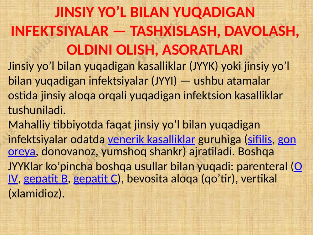 riya diagnostikasi yordamida muntazam tekshiruvlardan o’tib turish; infektsiya tashxislanganda (yoki unga shubha bo’lganda) maxsus davolashni o’tash; jinsiy tiyilish; jinsiy sheriklarni xabardor qilish; gepatit b va odam papillomavirusi kabi onkogen viruslarga qarshi vaktsina olish. tashxis tashxilash bemorni ko’rikdan o’tkazish, klinik alomatlarni aniqlash (siyish paytida og’riq, jinsiy az’olardan ajralma chiqishi), surtmalar olish va qon namunalarini tahlil qilish orqali amalga oshiriladi. ba’zi kasalliklarda (o’tkir uchli kondiloma) jismoniy alomatlar (og’riq, ajralma) umuman kuzatilmasligi mumkin. barcha instrumental tekshirish usullari xatolarga ega, shuning uchun tashxis odatda bir necha turdagi tadqiqotlarga asoslanadi. namunalar laboratoriya tahlilini o’rganish uchun quyidagi usullar qo’llaniladi: surtma mikroskopiyasi (to’g’ridan-to’g’ri va lyuminestsent); bakteriyalarni sun’iy o’stirish usuli (namunani ozuqa sirtiga surtish, keyin ularning dorilarga qarshiligini tahlil qilish); patogenga antigenlarni aniqlash (ift — immuno-ferment tahlillar va tif — to’g’ridan-to’g’ri immunoflyuorestsentsiya usullari yordamida); patogen dnksini aniqlash (pzr — polimeraza zanjiri reaktsiyasi usuli yordamida); qonda antitanalarni aniqlash (organizmning patogenga bo’lgan immunitetini). davolash va oldini olish jyykni davolash uchun …