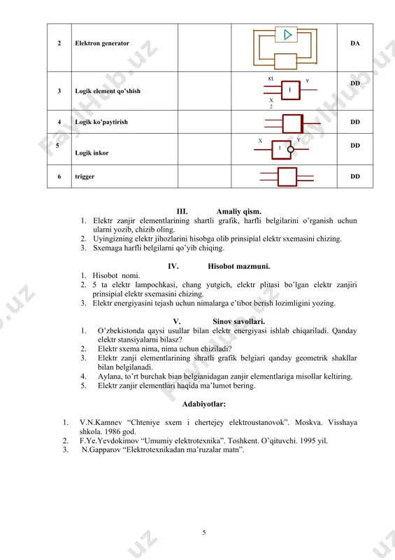 i f=50gts. transformator o`zagining aktiv kesim yuzasi s=7,6 sm2, magnit induktsiyaning amplituda qiymati vm=0,95 tl, ikkilamchi cho`lg’am o`ramlari soni w=40. transformatsiya koeffitsientini aniqlang. 7.3-masala. quvvati s =15kb*a bo`lgan transformatorning birlamchi cho`lg’ami kuchlanishi u=3v doimiy tok tarmog’iga ulangan. bunda ampermetrning ko`rsatishi i=25a. keyin transformator kuchlanishi 220v va chastotasi 50 gts bo`lgan o`zgaruvchan tok tarmog’iga ulandi. bunda salt yurishda ampremetrning ko`rsatishi i=6a, vattmetrniki rs=90vt. ikkilamchi cho`lg’amda kuchlanish u2=36 v. birlamchi va ikkilamchi cho`lg’amdagi isroflar bir-biriga teng: cosφ= 0,9 . quyidagilarni aniqlang: • birlamchi cho`lg’amning aktiv qarshiligi; • birlamchi cho`lg’amning to`la va induktiv qarshiliklari; • foydali ish koeffitsienti. 7.4-masala transformatorlarning salt yurishida birlamchi cho`lg’amning kuchlanishi u1=220v, tok ic=1.2 a, isroflari rs=150 vt. salt yurishdagi reaktiv qarshilikni aniqlang. 7.5-masala. uch fazali transformator o`ramlari soni w1=1836 va w2=135. birlamchi cho`lg’amning liniya kuchlanishi u1=300 v. tranformator cho`lg’amlari yulduz-yuluz (y/y) va yulduz-uchburchak (y/δ) usulida ulanganda transformatsiya koeffitsienti va ikkilamchi kuchlanishlarini aniqlang. 7.3-masala. 7.5-masala echish. amaliy mashg’ulot №7 …