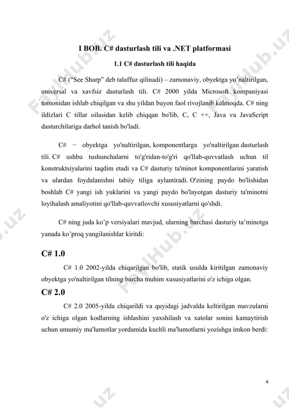 l jadvalli konsol dasturlari, shu jumladan quyidagi jadvalda keltirilgan mavzular: 1.10 jadval c# 9.0 qo’shimcha imkoniyatlari bir nechta c# xususiyatlari mustahkam va bardoshli dasturlarni yaratishga yordam beradi. kesh yig'ish, foydalanib bo'lmaydigan obyektlar egallagan xotirani avtomatik ravishda qaytarib oladi. null turlar ajratilgan obyektlarga tegishli bo'lmagan o'zgaruvchilardan saqlanadi. exeptionlardan foydalanish xatolarni aniqlash va tiklash uchun tizimli va kengaytirilgan yondashuvni ta'minlaydi. lambda iboralari funktsional dasturlash texnikasini qo'llab-quvvatlaydi. tilning integratsiyalashgan so'rovi (linq) sintaksisi har qanday manbadan olingan ma'lumotlar bilan ishlashning umumiy namunasini yaratadi. asinxron operatsiyalar uchun tilni qo'llab-quvvatlash tarqatilgan tizimlarni yaratish uchun sintaksisni ta'minlaydi. c# birlashtirilgan turdagi tizimga ega. avvaldagi kabi turlari, shu jumladan, barcha c# turlari, int va double bitta ildiz dan meros object turi. barcha turlar umumiy operatsiyalar to'plamini baham ko'radi. har qanday turdagi qadriyatlar doimiy ravishda saqlanishi, tashilishi va ishlashi mumkin. bundan tashqari, c# foydalanuvchi tomonidan belgilangan mos yozuvlar turlarini va qiymat turlarini qo'llab-quvvatlaydi . c# moslamalarni dinamik ravishda taqsimlash va …