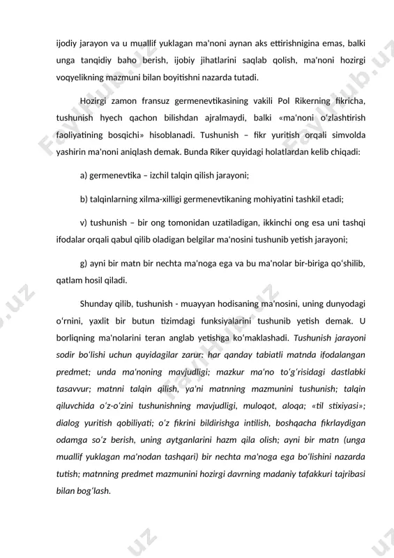iflash, tushuntirish va talqin qilish bilan bir qatorda, ilmiy bilim faoliyatining asosiy muolajalariga kiradi. tushunishni tadqiq qilishga nisbatan ko‘p sonli yondashuvlar mazkur jarayon uni boshqa intellektual jarayonlar va gnoseologik operatsiyalardan ajratadigan o‘ziga xos xususiyatlarga ega ekanligini ko‘rsatadi. shuning uchun ham tushunishni bilishga o‘xshatish («tushunish – tushunchalarni mantiqda ifoda etish demak») yoki uni tushuntirish muolajasi bilan (garchi ular o‘zaro bog‘liq bo‘lsa-da) aralashtirish mumkin emas. ammo tushunish jarayoni ko‘pincha anglab yetish, ya'ni inson uchun ma'lum ma'noga ega bo‘lgan narsalarni aniqlash bilan bog‘liq bo‘ladi. shuning uchun ham «tushunish ma'nolardagi real harakat, mazkur ma'nolarga amalda egalik qilish sifatida har qanday bilish faoliyatining ajralmas qismidir» , degan fikrga qo‘shilish lozim. ma'no. tushunish inson faoliyatining ma'nolarini tushunish va ma'no hosil qilish tarzida kelishi mumkin. tushunish boshqa odamning «ma'nolar olami»ga kirib borish, uning fikrlari va o‘y-kechinmalarini tushunib yetish va ularni talqin qilish bilan bog‘liq. tushunish – ma'noni qidirish demak, zero, faqat ma'noli narsanigina tushunish mumkin. mazkur jarayon …