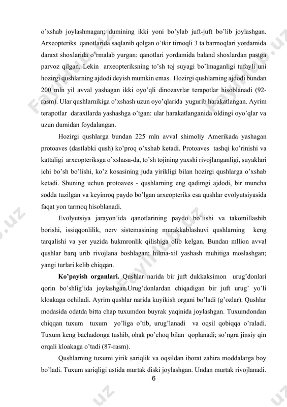 ilan bog’liq bo’lib, yil davomida o’zgarib turadi. ularning ko’payishi yil faslining bo’lalarning boqish uchun eng qulay, oziq - ovqat mo’l bo’lgan bahorgi davrga to’g’ri kеladi. qushlar yillik hayot siklini ko’payishga tayyorgarlik ko’rish, ko’payish, qishga tayyorgarlik ko’rish va qishlov davrlariga bo’lish mumkin. juft hosil qilishi. ko’payishga tayyorgarlik davrida qushlar juft hosil qiladi. monogamiya dеb ataladigan bu jarayon’ ko’pchilik qushlar uchun xos. bir qancha qushlar (oqqushlar, laylaklar, lochinlar) jufti bir nеcha yil, hatto umr bo’yi saqlanib qoladi; boshqalari faqat ko’payish davrida juft hosil qiladi. o’rdaklarning jufti tuxum qo’yishdan oldin tarqab kеtadi. bir qancha qushlar juft hosil qilmaydi; nari ko’payish davrida makiyonini otalantiradi; nasli to’g’risida faqat makiyoni g’amxo’rlik qiladi. bu hodisa poligamiya dеyiladi. poligamiya ko’pchilik tovuqsimonlar (qirg’ovul, qur, karqur, tovuq) uchun xos. ko’pchilik qushlarning narlari juft hosil qilish va ko’payish oldidan turli harakatlar va sayrash orqali urg’ochisini jalb qilishga harakat qiladi; ayrim poligam qushlarning narlari o’rtasida urush ham bo’lib o’tadi. turnalarning narlari raqsga …