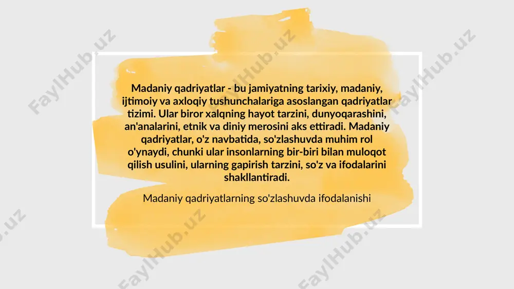 da, ular madaniy qadriyatlarni ta'kidlaydi. masalan, muayyan bayramlarda yoki marosimlarda ishlatiladigan maxsus so'zlar va iboralar madaniy qadriyatlar bilan chambarchas bog'liq. misol: o'zbek tilida "navro'z" bayrami bilan bog'liq so'zlar va iboralar – "yangi yil", "barchangizni navro'z muborak" – bu milliy bayramning qadriyatlarini va o'ziga xosligini ko'rsatadi. 4. ijtimoiy rollar va gender madaniy qadriyatlar ijtimoiy rollar va genderga oid tushunchalarni ham o'z ichiga oladi. so'zlashuvda, masalan, ayollarga yoki erkaklarga bo'lgan xushmuomalalik, ularga nisbatan munosabat va talablar aks etadi. misol: o'zbek madaniyatida "ayolni ezmaslik" va "erkakni hurmat qilish" kabi qadriyatlar so'zlashuvda aniq ko'rinadi. ayollarga nisbatan adabiy va hurmatli iboralar ko'proq ishlatiladi. 5. diniy qadriyatlar diniy qadriyatlar madaniy qadriyatlar tizimining muhim qismi bo'lib, so'zlashuvda ko'pincha diniy iboralar, salomlashuvlar va marosimlar orqali ifodalanadi. misol: o'zbek tilida "assalomu alaykum" yoki "alhamdulillah" kabi salomlashuvlar diniy qadriyatlarni aks ettiradi va muloqotda diniy qadriyatlar muhim rol o'ynaydi. 6. mehmondo'stlik va iliqlik madaniy qadriyatlarning asosiy tarkibiy qismlaridan biri – mehmondo'stlikdir. …