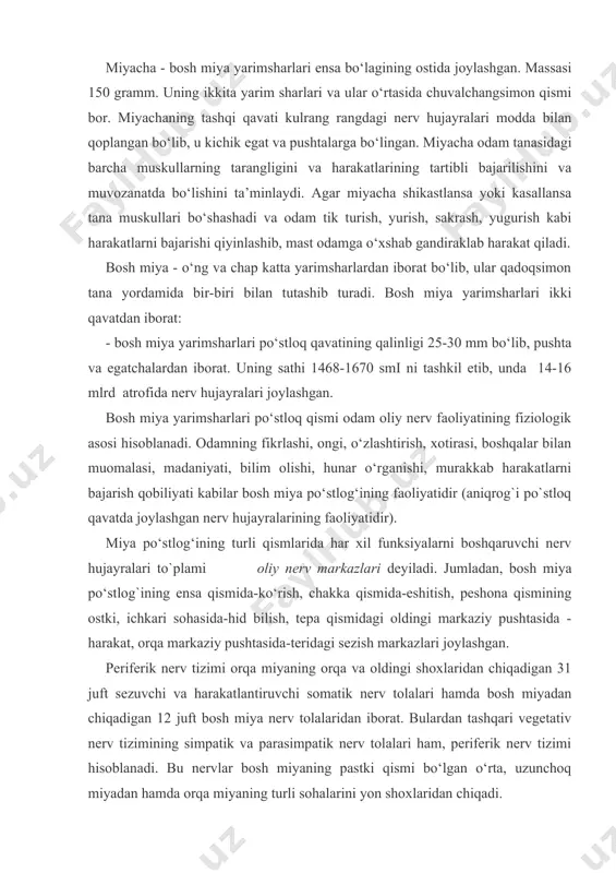 rqa miyaning orqa va oldingi shoxlaridan chiqadigan 31 juft sezuvchi va harakatlantiruvchi somatik nerv tolalari hamda bosh miyadan chiqadigan 12 juft bosh miya nerv tolalaridan iborat. bulardan tashqari vegetativ nerv tizimining simpatik va parasimpatik nerv tolalari ham, periferik nerv tizimi hisoblanadi. bu nervlar bosh miyaning pastki qismi bo‘lgan o‘rta, uzunchoq miyadan hamda orqa miyaning turli sohalarini yon shoxlaridan chiqadi. somatik va vegetativ nerv tizimi funksiyalari. bajaradigan funksiyasiga ko‘ra nerv tizimi ikki qismga bo‘linadi: somatik va vegetativ nerv tizimi. somatik nerv tizimi - odam tanasining sezgi a’zolari va skelet muskullari faoliyatini boshqaradi. bu funksiya yuqorida aytilganidek orqa miyadan chiqadigan 31 juft sezuvchi va harakatlantiruvchi nervlar va bosh miyadan chiqadigan 12 juft bosh miya nervlari orqali bajariladi. vegetativ nerv tizimi - simpatik va parasimpatik nerv tolalari bosh miyaning pastki qismi bo‘lgan o‘rta va uzunchoq miyadan hamda orqa miyaning ko‘krak, bel, dumg‘aza segmentlaridan chiqadi. vegetativ nerv tizimi - ichki a’zolar (nafas olish, qon …