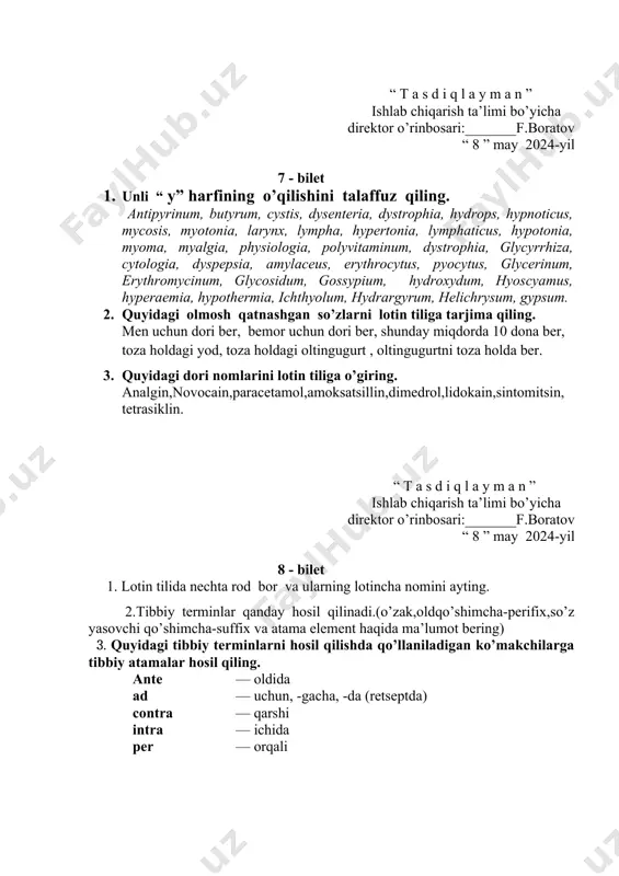 ’zolar (organum externum)ning lotincha nomlarini yod oling. 2. perifix qatnashgan 10 ta so’z ayting va tarjima qiling. 3. quyidagi tibbiy terminlarni hosil qilishda qo’llaniladigan ko’makchilarga tibbiy atamalar hosil qiling. cum — bilan de — haqida ex — dan pro — uchun . . “ t a s d i q l a y m a n ” ishlab chiqarish ta’limi bo’yicha direktor o’rinbosari:_______f.boratov “ 8 ” may 2024-yil 10 - bilet 1. ichki a’zolar( organum internum) ning lotincha nomlarini yod oling 2. “a,an-“, “ endo-“, “ peri-“, “re-“, “anti-“, “exo-“, “para-“,”sub-“, ”gipo-“,”giper-“ perifixlariga tibbiy termin hosil qiling. 3. quyidagi tibbiy terminlarni hosil qilishda qo’llaniladigan bog’lovchilarga tibbiy atamalar hosil qiling. et — va, bilan aut — yoki ut fiat — hosil bo‘lguncha seu — yoki “ t a s d i q l a y m a n ” ishlab chiqarish ta’limi bo’yicha direktor o’rinbosari:_______f.boratov “ 8 ” may 2024-yil 11 …