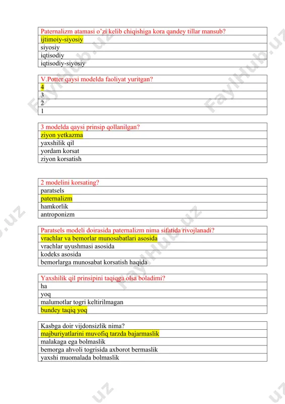 mos kelmaydigan javobni belgilang? fuqarolarning sog‘liqni saqlashga doir huquqlari davlat tomonidan kafolatlanishini ta’minlash; sog‘liqni saqlash sohasida inson huquqlariga rioya qilinishi; profilaktika chora-tadbirlarining ustunligi; tibbiyot fanining amaliyot bilan birligi; mahalliy davlat hokimiyati organlarining fuqarolar sog‘lig‘ini saqlash sohasidagi vakolatlariga oid qonunga mos ta’rifni aniqlang? sog‘liqni saqlash tizimining boshqaruv organlarini shakllantirish, uning muassasalari tarmog‘ini rivojlantirish; fuqarolar sog‘lig‘ini saqlash sohasida maqsadli davlat dasturlarini amalga oshiradi; davlat tomonidan kafolatlangan hajm doirasida aholiga birlamchi tibbiy-sanitariya yordami ko‘rsatilishini tashkil etadi; tibbiyot va farmatsevtika faoliyatini litsenziyalashni belgilangan tartibda amalga oshiradi; nogironlar va tibbiy-ijtimoiy himoyaga muhtoj shaxslarning kuch-quvvatini tiklaydigan muassasalar tashkil etish va ular faoliyatini ta’minlash; oilani, onalik va bolalikni muhofaza qilish chora-tadbirlarini amalga oshirish qonunning qaysi bandi bilan himoyalangan? 6-modda mahalliy davlat hokimiyati organlarining fuqarolar sog‘lig‘ini saqlash sohasidagi vakolatlari 7-modda sog‘liqni saqlash tizimi 4-modda o‘zbekiston respublikasi vazirlar mahkamasining fuqarolar sog‘lig‘ini saqlash sohasidagi vakolatlari 5-modda o‘zbekiston respublikasi sog‘liqni saqlash vazirligining vakolatlari o‘zbekiston respublikasi sog‘liqni saqlash vazirligi mahalliy davlat hokimiyati …