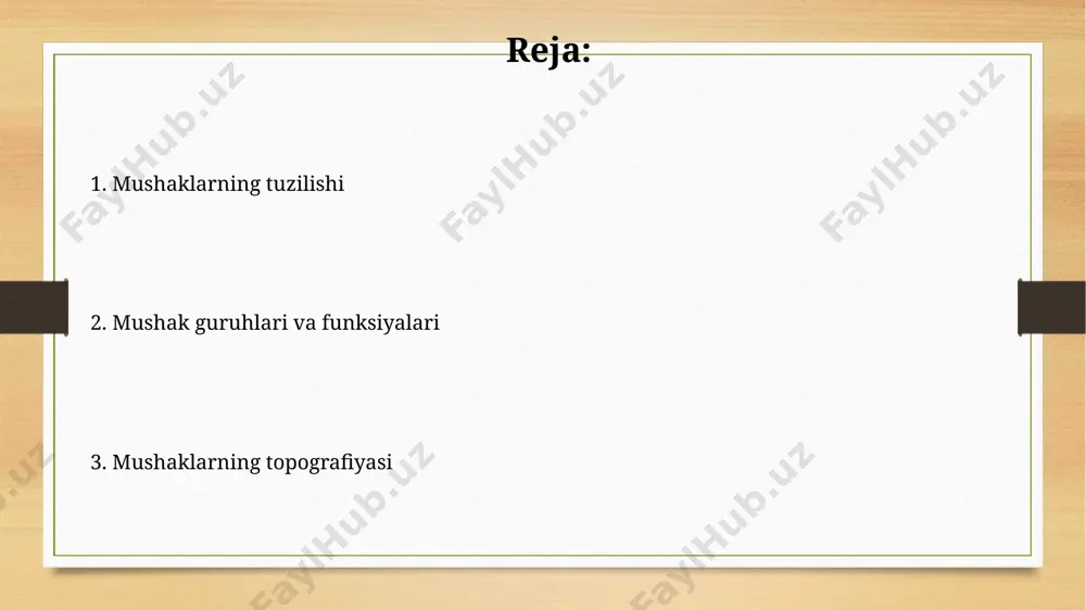 laridan tashkil topgan. mushak tolalarining guruhlanishi va bog'lanishi perimiziy, epimiziy va endomiziy deb nomlangan biriktiruvchi to'qimalar orqali amalga oshirilib, mushakning mustahkamligini ta'minlaydi. sarkomerlar va ularning tarkibi sarkomerning qisqarishi, kalsiy ionlari (ca2+) darajasining o'zgarishi tufayli aktin va miozin oqsillari o'rtasidagi o'zaro ta'sirning natijasidir, bu esa atp gidrolizini boshqaradi va kuch hosil qiladi. sarkomerlar ikkita z-chiziqlari orasidagi hujayra sitoskeletining takrorlanuvchi birligi bo'lib, taxminan 2 mkm uzunlikda va ko'plab miofibrillalardan tashkil topgan. ko'krak mushaklari pectoralis major ва minor каби катта ва кичик кўкрак мушаклари 3 бошчадан иборат бўлиб, елка ва билак ҳаракатларини таъминлайди, уларнинг кучи тахминан 30-40 кг. кўкрак мушакларининг 12 та жуфт қовурғага бириктирилиши нафас олишда муҳим роль ўйнайди, уларнинг фаолияти диафрагма билан мувофиқлаштирилган. bosh va bo'yin mushaklari бўйиннинг чуқур мушаклари, умуртқа поғонасининг 7 та бўйин умуртқасини стабилизация қилади ва бошни ҳаракатлантиради. sternocleidomastoid мушакларининг икки томонлама қисқариши бошни олдинга эгишга, бир томонлама қисқариши эса бошни ўгиришга олиб келади. mushaklarning qisqarish mexanizmi mushak …