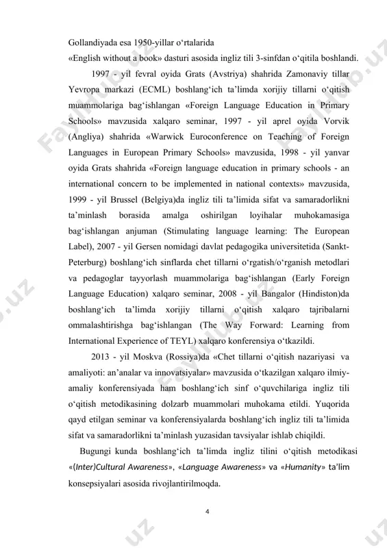 gliz tili sohiblari tomonidan olib boriladi. bundan tashqari, yevropa mamlakatlarida o‘quvchilarning migratsiyasi tez- tez sodir bo‘ladi va ular ingliz tili muhitida ma’lum vaqt yashash imkoniyatiga ega. shularni nazarda tutadigan bo‘lsak, ushbu konsepsiyani yevropadan uzoqda joylashgan va madaniy jihatdan farq qiladigan mamlakatlarda targ‘ib qilish maqsadga muvofiq emas. ingliz tilini muloqot vositasi sifatida o‘rganish dunyoning hamma joyida barcha kishilar uchun ham bir xil ma’no kasb eta olmasligi, shu bilan birga, ta’lim usullarini shunchaki oson yo‘l bilan «eksport» qilish mushkul ekanligi isbotlangan. chunki, birinchidan, ingliz tili sohibi bilan kommunikatsiya va interaksiyaga kirishishga ehtiyoj va imkoniyat mavjud bo‘lmasa-da, tildan amaliy foydalanishni o‘rgatish, ya’ni faqat «kundalik nutq vaziyati» va «kundalik turmush mavzusi» ustida ish olib borish maqsadga muvofiq emas. ikkinchidan, ingliz tili faqat bir mamlakatning, ya’ni buyuk britaniyaning emas, balki amerika qo‘shma shtatlari, avstraliya, kanada va boshqa qator mamlakatlarning ham davlat tili hisoblanadi. davlat tili ingliz tili bo‘lgan ushbu mamlakatlarda esa madaniyatlar farqlidir. «language awareness» …