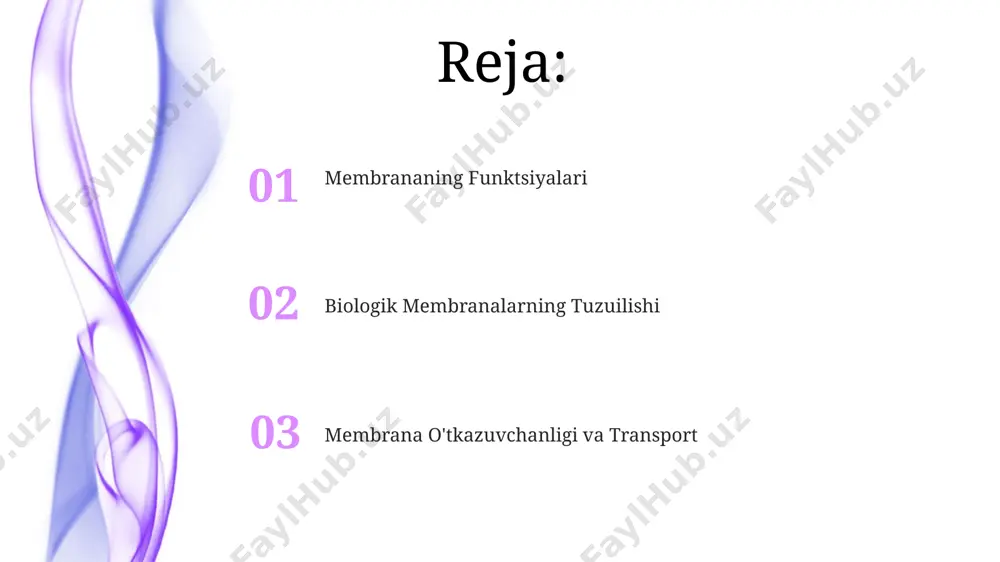 da "gel" holatiga o'tishini kechiktiradi. xolesterin molekulalari hujayra membranasining suyuqlik xususiyatlarini 20-25% ga o'zgartiradi, bu esa membrananing o'tkazuvchanligini va o'zaro ta'sirini ta'sir qiladi. membrananing kimyoviy tarkibi biologik membranalar asosan 40-50% lipitlardan, 50-60% oqsillardan va oz miqdorda (2-10%) uglevodlardan tashkil topgan murakkab tuzilmalardir. membrana oqsillari transport, fermentativ, retseptor va strukturaviy funksiyalarni bajaradi, ularning turli xil tuzilishi va molekulyar massalari (10 kda dan 1000 kda gacha) mavjud. passiv transport: diffuziya va osmoz osmoz jarayonida suv molekulalari, suv potentsialining yuqori bo'lgan hududdan past bo'lgan hududga, selektiv o'tkazuvchan membrana orqali harakatlanadi, bu esa 10-1000 marta tezroq sodir bo'lishi mumkin. o'simlik hujayralari osmoz orqali 90% gacha suvni o'z ichiga oladi va turgor bosimi ularning shaklini saqlashda muhim rol o'ynaydi, bu esa hujayra devorining kuchiga bog'liq. membrananing shikastlanishi va ta'miri membrana shikastlanishiga 50 nm dan katta bo'lgan teshiklarning hosil bo'lishi olib kelishi mumkin, bu esa hujayra ichki muhitining o'zgarishiga va hujayra o'limining 70% gacha yuqori ehtimolga …