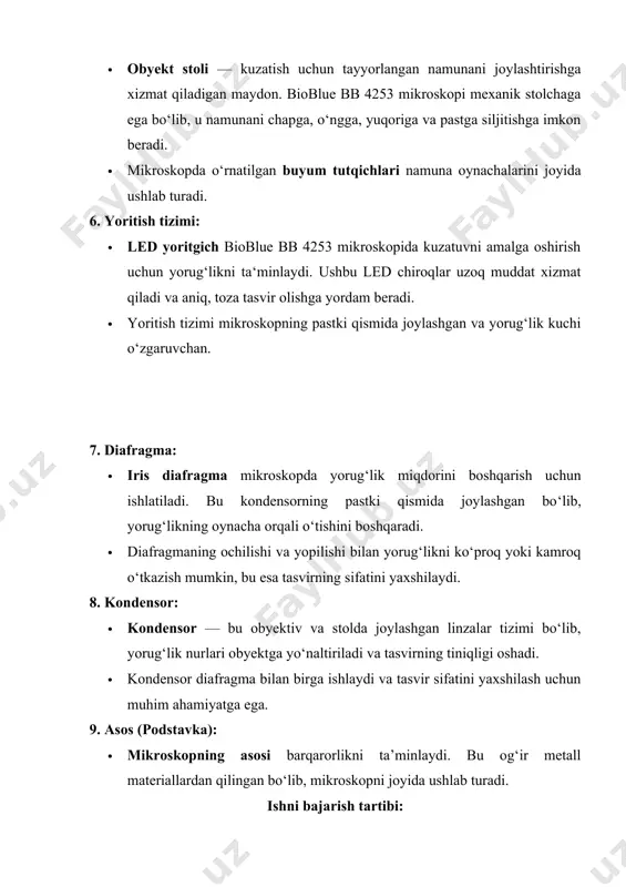 a’minlaydi. bu og‘ir metall materiallardan qilingan bo‘lib, mikroskopni joyida ushlab turadi. ishni bajarish tartibi: 1. probirkadagi eritmadan ozginasini tomizgichga olib, undan bir tomchini stoga o‘rnatilgan sirlanmagan toza oyna sirtiga tomiziladi. 2. okulyar orqali tomchiga qarab, mikroskopni kuzatishga rostlanadi. 3. eritmaning vaqt birligida kristallanish jarayonining borishini kuzatib, ko‘rilayotgan manzarani 1-jadvalning tegishli ustuniga tushiramiz. ma’lumki, tomchi chekka qismining o‘zak qismiga qaraganda tezroq sovishi sababli u yerda «tug‘ma» kristallanish markazlari ko‘proq hosil bo‘ladi, bu markazlardan kristallanish jarayoni metallardagi singari boshlanib, ikkinchi shunday markazlardan o‘sayotgan kristallar bilan to‘qnashgunlarigacha o‘sa boradi. qachonki, ular bir-biri bilan to’qnashganlarida kristallanish qarshilik yo‘q tomonga qarab boradi. shu tartibda kristallanish eritma to‘la qotguncha davom etib, turli tomonga yo‘nalgan teng o‘qli mayda donlardan tashkil topgan yupqa qatlamli kristallar hosil bo‘ladi. bu zona qalinligi eritma xiliga, to’yinganlik darajasiga, tomchi o’lchamiga va sovish tezligiga bog‘liq. bu zonadan o‘zak tomon tomchining sovish tezligi pasayishi sababli hosil bo‘ladigan «tug‘ma» markazlar kam bo‘ladi. buning oqibatida birinchi …