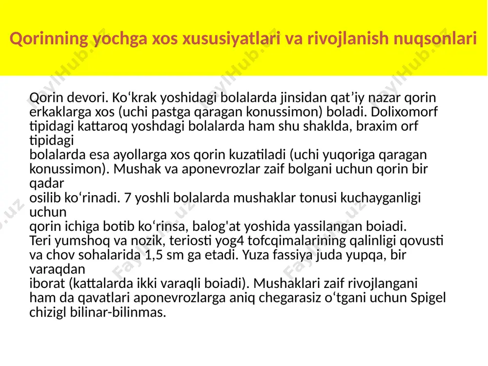 g buzilishi oqibatida kelib chiqadi. embrional rivojlanishning dastlabki haftalarida sariqlik y o li sariqlik haltasini ichak bilan boglab turadi. u ra x u s a lla n to is n i kloaka bilan, keyinchalik esa s in u s u r o g e n ita lis bilan tutashtiradi. homiladorlikning 6 -8 - haftalarida ushbu yollarning obliterasiya jarayoni boshlanadi: sariqlik y o li to liq obliterasiyaga uchraydi va ichak bilan kindik o‘rtasidagi aloqa to liq uziladi; u ra x u s n in g d is ta l qismi obliterasiyaga uchraydi, proksimal qismi siydik haltasini hosil qilishda ishtirok etadi, siydik haltasi bilan kindik o‘rtasida biriktiruvchi to‘qimadan iborat tortmoq hosil boiadi. n otoliq oqmalar ko‘proq uchraydi va qovuqqa birikmagan boiadi. u siydik yoiining bitishib ketmagan kindigi uchida paydo boiadi. ushbu jarayonlarning buzilishi oqibatida kindikning to liq yoki notoliq oqmalari yoki kistalar hosil boiadi. qorin devori churralaru churra deb, bosh, qorin, ko‘krak, …
