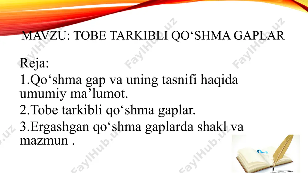 p tarkibida ega vazifasida kelgan olmoshning ma’nosini izohlab , to‘ldirib kelgan ergash gap ega ergash gap deyiladi. ularda ergash gap tarkibida kimki, kimda-kim, nima, har kimki, shu narsa, shunisi kabi nisbiy so‘zlar, bosh gap tarkibida esa shu, o‘zi,o‘sha, narsa, hamma, barchasi, hammasi, barcha kabi nisbiy so‘zlar o`zaro muvofiq qo‘llaniladi.ega ergash gaplarda ergash gap bosh gapga –sa, -r, -ar, -mas ekan, ekan shakllari orqali , bosh gap esa –ki orqali bog‘lanadi. 2. bosh gap tarkibida kesim vazifasida kelgan olmosh ma‘nosini izohlab, aniqlab kelgan ergash gap kesim ergash gap deyiladi. buna bosh gap tarkibida kesim vazifasida shuki, shundaki, shundan iboratki, shu yerdaki, shu bo`ldiki, kimsanki, nimasanki olmoshlari keladi. kesim ergash gap bosh gapga asosan –ki bog‘lovchisi orqali bog‘lanadi. kesim ergash gaplarda bosh gap oldin keladi. 3. bosh gap tarkibidagi to‘ldiruvchi vazifasida kelgan olmosh yoki qo‘llanilmagan to‘ldiruvchi ma’nosini izohlab kelgan ergash gap to‘ldiruvchi ergash gap deyiladi. to‘ldiruvchi ergash gapda bosh gap oldin kelsa, …
