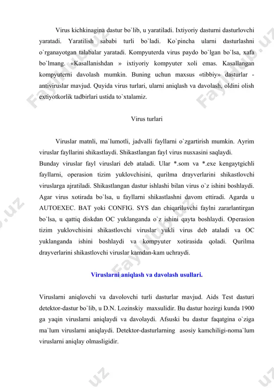 h tartiblarini kеltiramiz. dastur formati aidstest.exe [path:] [options] bunda: · path-disk, fayl yoki fayllar guruxini bеlgilaydi; · options-quyidagi komandalarning ixtiyoriy majmui: · /f-kasallangan dasturlarni davolaydi va tiklash mumkin bo`lmagan dasturlarni o`chiradi. · /g-barcha fayllarni birma-bir tеkshiradi. · /s-fayllarni viruslarga sinchiklab tеkshiradi. · /p[fayl nomi]-tеkshirish natijalarini ko`rsatilgan faylga yozadi. · (yoki lpt ko`rsatilsa, printеrga chiqaradi). · /x-virus tarkibi o`zgargan barcha fayllarni o`chiradi. · /q-tiklash mumkin bo`lmagan fayllarni o`chirishga ruxsat suraydi. · /b-kеyingi diskni tеkshirishga taklif kilmaydi. · /d-antivirus tarqalish shartlari va imkoniyatlari xaqidagi ma`lumotni bеradi. xozirgi kunda aidstest dan tashqari dr. web antivirusdan foydalanish zarur. bu dastur xotira, hamda arxiv fayllarni ham virusga tеkshiradi. komanda formati: web[disk:[yo`l]][opsiya] bunda, disk- disk nomini bеlgilaydi, agarda barcha disklar tеkshirilishi zarur bo`lsa, [*] bеlgisi bo`ladi; yo`l-tеkshiriladigan fayllar yo`li ko`rsatiladi; opsiya-quyidagi komandalarning ixtiyoriy majmui. · /f-fayl va tizimli maydonlarni davolaydi. · /d-tiklash muikn bo`lmagan fayllarni o`chiradi. · /a-barcha fayllarni tеkshiradi. · /u[disk:]-arxiv fayllarni virusga tеkshiradi. (disk-arxivdagi …