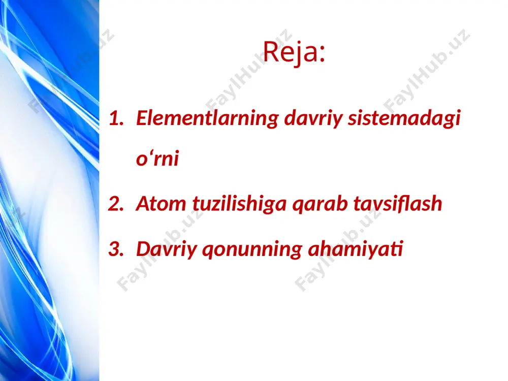 ldi. keyinchalik d.i. mendeleyevning aytganlari deyarli to‘g‘ri chiqdi. masalan, ekabor (skandiy), ekaaluminiy (galliy) va ekasilitsiy (germaniy) elementlari oldindan bashorat qilingan edi. galliy 1875- yilda fransuz olimi lekok de buabodran galliyni, skandinav olimi nilson 1879- yilda skandiyni va nemis olimi k. vinkler 1886- yilda germaniy elementini kashf etdi va davriy sistemaning bo‘sh kataklari to‘ldirildi. lekok de buabodran galliy, skandiy, germaniy elementlarining kashf qilinishi davriy qonunning eng katta yutuqlaridan bo‘lib, d.i. mendeleyevning o‘zi kashf qilgan davriy qonun asosida qilgan bashoratlarining to‘g‘ri ekanligini isbotlab berdi. er-xotin v. noddak va i. noddaklar tomonidan reniyning kashf qilinishiga d.i. mendeleyev davriy sistemada marganesning ostida ikkita bo‘sh katak qoldirganligi sabab bo‘ldi. image2.jpeg image3.jpeg image4.jpeg image5.png image6.jpeg image7.jpeg image8.jpeg image9.jpeg image10.jpeg image11.png image12.jpeg image13.jpeg image14.png image15.jpeg image16.jpeg image17.gif image18.jpeg image19.jpeg image20.png image21.jpeg image22.jpeg image23.jpeg image24.jpeg image25.jpeg image26.jpeg image27.jpeg image28.jpeg image29.jpeg image30.jpeg image31.jpeg image1.jpeg