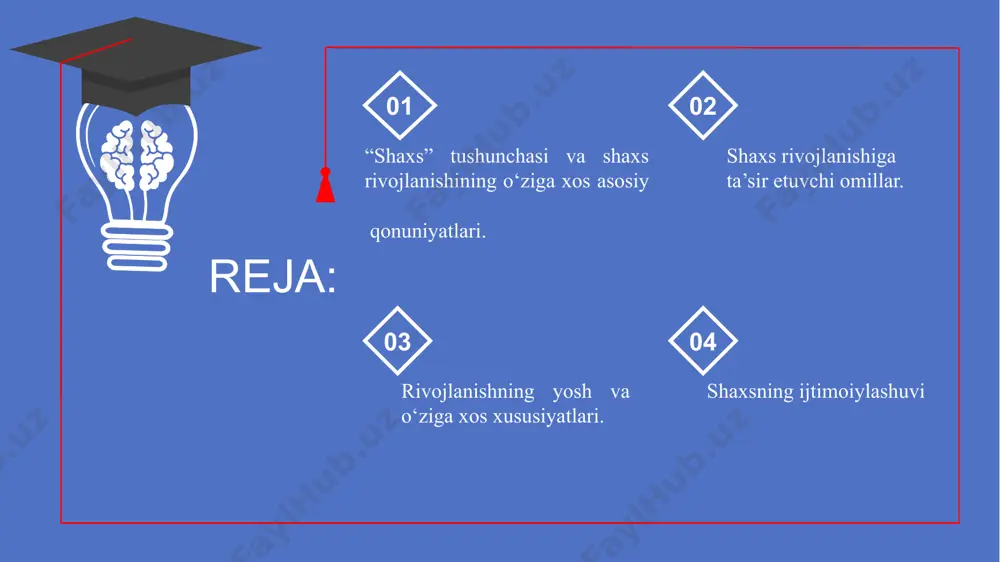 zgarishlari mohiyatini ifoda etuvchi murakkab jarayondir. rivojlanish mohiyatan oddiydan murakkabga, quyidan yuqoriga, eski sifatlardan yangi holatlarga o‘tish, yangilanish, yangining paydo bo‘lishi, eskining yo‘qolib borishi, miqdor o‘zgarishining sifat o'zgarishiga o'tishini ifodalaydi. inson butun umri davomida o‘zgarib boradi. u ham ijtimoiy, ham psixik jihatdan kamolga yetadi. chunki rivojlanish tarbiya ta’siri ostida boradi, shaxsning fazilatlarini to‘g‘ri ko‘rish va bexato baholash uchun uni turli munosabatlar jarayonida kuzatish lozim. demak, shaxsni rivojlantirish vazifasini to‘g‘ri hal etish uchun uning xulqiga ta’sir etuvchi omillar hamda shaxs xususiyatlarini yaxshi bilish zarur. tarbiya bolaga samarali ta’sir etishi uchun o'sish va rivojlanish qonuniyatlarini bilish va hisobga olish maqsadga muvofiq. shunday qilib, rivojlanish va tarbiya o‘rtasida ikki tomonlama aloqa mavjud. 5 muhit muhit deganda odam yashaydigan sharoitdagi barcha tashqi ta’sir tushuniladi. shu nuqtai nazardan tarbiya tufayli bolani o‘zi yashaydigan ijtimoiy sharoitga moslashtirish mumkin, degan xuiosa kelib chiqadi. demak, odam bolasining shaxs sifatida rivojlanib, taraqqiy etib borishi, uning shaxs bo‘lib kamolga yetishida …