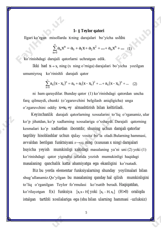 2–teoremaga ko’ra   xxf cos funktsiya teylor qatoriga yoyiladi va (3) formulaga binoan     ... !4 1 !2 1 1 !2 1 cos 42 0 2      xxx n x n n n (6) bo’ladi. (5) va (6) darajali qatorlarning yaqinlashish radiusi r bo’ladi. v) logarifmik funktsiyaning teylor qatorini topamiz. aytaylik,    xxf  1ln bo’lsin. ma’lumki, 11           nn x n xf n n n      1 !11 1 bo’lib,      nn f nn 1 1 ! 0    bo’ladi. bu funktsiyaning teylor formulasi      xr n xxxx xx n n n  1 432 1... 432 1ln (7) ko’rinishga ega.    xxf  1ln funktsiyani teylor qatoriga yoyishda 1-teoremadan foydalanmiz. buning uchun (7) …