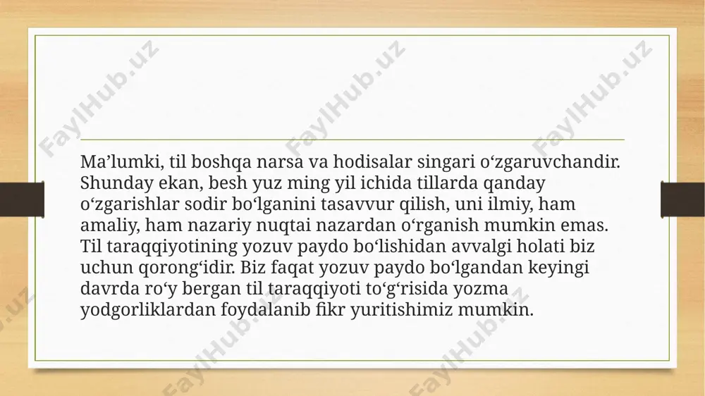 bo‘lishiga doir ikkinchi keng tarqalgan fikr undovlar farazidir. bu faraz ham qadimiy bo‘lib, uning asosida ham hayvonlarning baqiriq-chaqiriqlari yotadi. bu faraz asoschilarining fikricha, ibtidoiy odamlar hayvonlarning baqiriq-chaqiriqlarini o‘rganib, ular orqali o‘zlarining ichki kechinmalari, g‘am-alamlarini ifodalashgan: oh, uh kabi undov so‘zlar bunga misol qilib ko‘rsatiladi. tildagi boshqa so‘zlar esa ana shunday so‘zlaming birikuvidan kelib chiqqan, deb tushuntiriladi. taniqli fransuz olimi jan jak russo (xviii asr) ham shu fikmi quvvatlagan. mehnat chaqiriqlari farazi bu farazni ilgari surgan olimlarning fikricha, til odamlar jamoa bo‘lib mehnat qilayotganlarida mehnatni tashkil qilishda foydalanilgan tovushlar asosida paydo bo‘lgan. hozirgi zamon olimlarining ma’lumot berishicha, tilning paydo bo‘lishida mehnat chaqiriqlarining hech qanday daxli yo‘q, chunki u na odamlar orasida aloqa vositasi vazifasini bajaradi, na narsa va hodisalarning nomini ataydi va na his-hayajonni ifodalaydi. ijtimoiy kelishuv farazi bu faraz xix asrning ikkinchi yarmida paydo bo‘lib, uni ilgari suruvchi olimlar ba’zida bir-biriga zid xulosalarga kelishgan, ularning tilning kelib chiqishi to‘g‘risidagi asosiy …