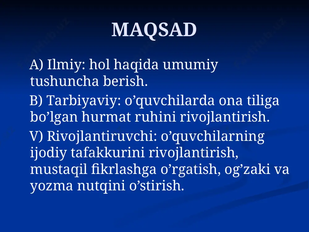 b bo’ladi. hol tuzilishiga ko’ra 2 xil bo’ladi. sodda hol murakkab hol kecha yomg’ir yog’di. u vazifaning muhimligini takror-takror ta’kidladi. murakkab hol quyidagicha ifodalanadi: takroriy so’zlar bilan: olmalar duv-duv to’kildi. ibora bilan: o’g’lining to’yini ko’rolmadi bechora dunyodan ko’zi ochiq ketdi. kengaygan birikma bilan: mohigul bilan nodira araz- lashganda nurida ularni yarashtirib qo’ydi. so’z birikmasi bilan: ayol sochlari parishon, oyoqlari yalang, ko’chaga otildi. образец текста второй уровень третий уровень четвертый уровень пятый уровень hol ma’nosiga ko’ra payt holi o’rin holi ravish holi daraja- miqdor holi sabab holi maqsad holi payt holi ish-harakat va holatning paytini bildirib qachon? qachongacha? qachondan beri? qay vaqt? kabi so’roqlarga javob bo’lgan hol payt holi deyiladi. masalan; buni o’qiyotganimda sezib qoldim. o’rin holi ish-harakatning o’rnini bildirib qayerga? qayerda? qayerdan? so’roqlaridan biriga javob bo’lgan hol o’rin holi deyiladi. masalan:poyezd bizni toshkentda qoldirib moskvaga yo’l oldi. ravish holi ish-harakatning qay tarzda bajarilganligini bildirib qanday? qanday qilib? qay tarzda? kabi …