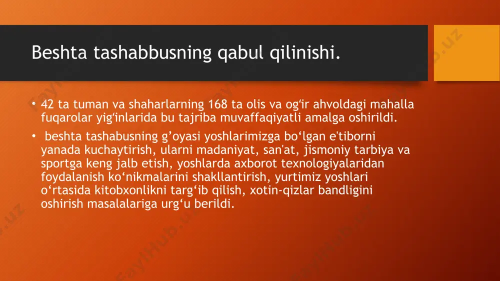 n adabiyotlar: https://yuz.uz/uz/news/5-muhim-tashabbus-yoshlarga-qanot https://kun.uz/uz/news/2019/03/20/prezident-beshta-muhim-tashabbusni-ilgari-surdi-ular-nima https://lyceum.tma.uz/besh-muhim-tashabbus/ https://lex.uz/docs/-5358408 image2.png image3.png image4.png image5.png image6.png image7.png image8.png image9.png image1.png