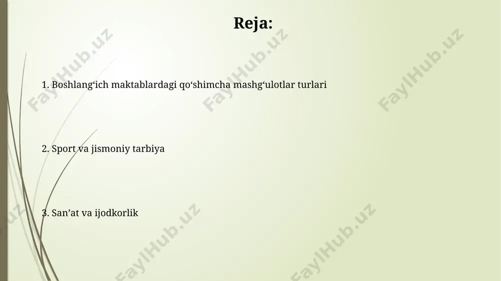 yengil atletika musobaqasida 120 dan ortiq o'quvchi ishtirok etdi. texnologiya va dizayn “texnologiya va dizayn” fanidan 5-sinf oʻquvchilari toshkent shahridagi 15-maktabda 3d printerlardan foydalanib, 20 dan ortiq turli xil modellarning dizaynini yaratish boʻyicha amaliy mashgʻulotlar oʻtkazadilar. “texnologiya va dizayn” kursi doirasida 8-sinf oʻquvchilari buxoro shahridagi maktablarda arduino mikrokontrolerlari yordamida 5 dan ortiq avtomatlashtirilgan tizimlarni loyihalash va dasturlashni oʻrganadilar. san'at va hunarmandchilik o'zbekistonning samarqand shahridagi ba'zi boshlang'ich maktablar "san'at va hunarmandchilik" doirasida an'anaviy hunarmandchilik turlariga, masalan, 3 oydan ortiq davom etadigan kulolchilik kurslariga e'tibor qaratadi. "san'at va hunarmandchilik" fanida taxminan 10 ga yaqin turli xil materiallar, jumladan, loy, yog'och, qog'oz va mato bilan ishlash bo'yicha amaliy mashg'ulotlar andijon viloyatidagi boshlang'ich maktablarda o'qitiladi. e'tiboringiz uchun rahmat @taqdimot_robot image1.jpg image2.jpg image3.jpg image4.jpg image5.jpg image6.jpg image7.jpg