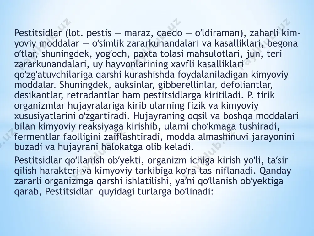 xususiyati bilan boshqalardan aj-ralib turadi. baʼzilari barg yoki ildiz orkali singib, oziq moddalari eritmasi bilan birga oʻsimlik tomirlari sistemasi boʻylab tarqaladi. bundan oʻsimlik shirasi bilan oziklangan zararkunandalar zaharlanib nobud boʻladi; bu birikmalar ichdan taʼsir qiluvchi preparatlar deb ataladi. boshqa guruh moddalari oʻsimlik toʻqimalariga yuza singib, tomirlar orqali tarqalmaydi va qisman singuvchi preparatlar deb ataladi. bular organizm ichida tana yuzasidagiga nisbatan koʻproq barqaror saqlanadi va bargning ishlov berilmagan orqa qismidagi zararkunandalarni ham nobud qiladi. fosfororganik pestitsidlarga mansub insektitsidlar, fungitsidlar, nematotsidlar va gerbitsidlar bor. deh-qonchilikda bunday insektitsid va akaritsidlardan fosfamid (bi-58), fozalon, karbofos, zolon va boshqalardan koʻp foydalaniladi. sintetik piretroidlar bir necha tur oʻsimlik gullaridan olinadigan piretrum moddasining analogi-dir. keyingi yillarda piretroidlardan koʻpgina oʻsimliklarni zararkunan-dalardan himoya qilishda koʻp foydalanilmoqda. bu birikmalar tanlab taʼsir qilish xususiyatiga ega. ulardan juda kam (bir gektarga bir necha gramm taʼsir qiluvchi modda hisobida) sarf qilinganida ham zararkunandalarga samarali taʼsir koʻrsatadi. oʻzbekistonda sintetik piretroidlardan ambush, simbush, ripkord, sumitsidin, …