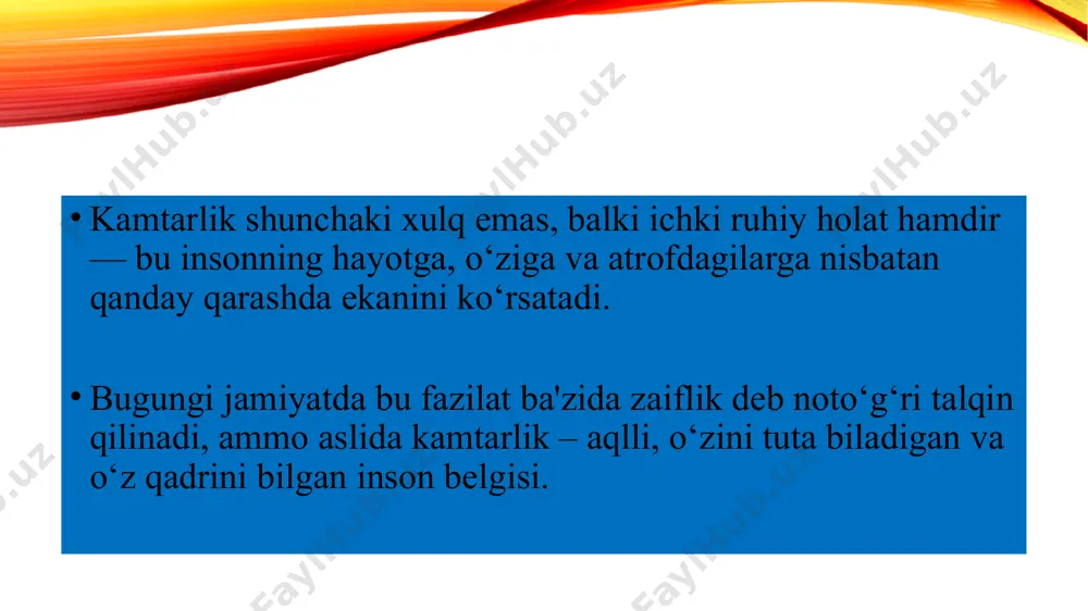 da, balki qanday odam bo‘lishida – xulqi va muomalasida namoyon bo‘ladi. kamtarlik va kibrning psixologik-axloqiy qarama-qarshiligi kamtarlik va kibrning psixologik-axloqiy qarama-qarshiligi kamtarlik va kibr — bir-biriga mutlaqo zid bo‘lgan ikki fazilat bo‘lib, ularning har biri inson shaxsiyati va jamiyatdagi munosabatlarga turlicha ta’sir ko‘rsatadi. bu ikki fazilat orasidagi psixologik va axloqiy tafovutlar juda chuqur ildizlarga ega. psixologik nuqtai nazardan qaralganda, kamtarlik – bu o‘zini anglagan, ichki barqarorlikka ega insonlarga xos fazilatdir. kamtar inson o‘z kamchiliklarini tan ola oladi, boshqalarning fikriga hurmat bilan qaraydi va o‘zini doimiy takomillashtirishga intiladi. bunday insonlar odatda mehribon, xushmuomala va xolis bo‘lishadi. ular boshqalarning yutug‘idan quvonadi, maslahat so‘rashdan uyalmaydi va o‘z bilimini ko‘z-ko‘z qilmaydi. kibr esa psixologik zaiflikning niqobidir. kibrlik odamlar ichki ishonchsizliklarini tashqi ustunlik bilan berkitishga harakat qiladi. ular boshqalarning tanqidiga toqat qilmaydi, hamma narsani boshqarishga, hukmronlik qilishga intiladi. bu xulq ularning doimiy ziddiyatlar va nizolarga olib kelishiga sabab bo‘ladi. psixologlar kibrlikni ko‘pincha kompleksli shaxs belgisi …