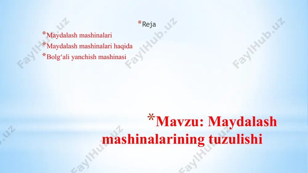 . bunday tegirmon yon tomondan qoʻyilgan qopqoqlar bilan berkitilgan kalta silindrsimon barabandan iboratdir. baraban ichi boʻsh sapfalar yordamida aylanma harakat qiladi. qopqoqlarning bittasi butun koʻndalang kesimi boʻyicha diafragmali panjara bilan toʻsilgan boʻladi. maydalash mashinalari image1.jpeg image2.jpeg image3.jpeg image4.jpeg image5.jpeg image6.jpeg image7.jpeg image8.jpeg /docprops/thumbnail.jpeg