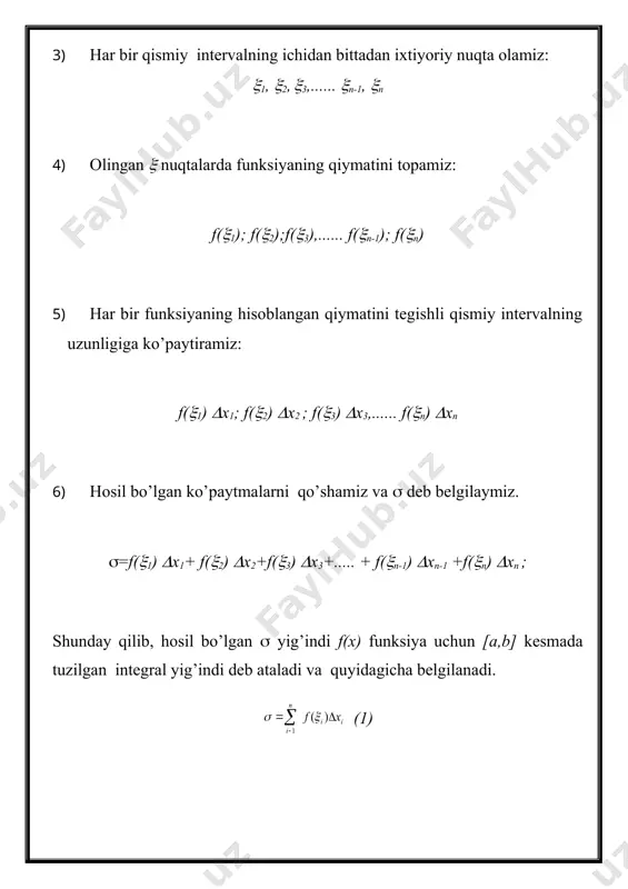 la. 83-rasmda tasvirlangan egri chiziqli trapetsiyaning yuzini toping. s= a∫b ƒ(x)dx. formuladan s= 1∫3 x2dx ni topamiz. bu integralni nyuton-leybis formulasi yordamida hisoblaymiz. ƒ (x)=x2 funksiyaning boshlang’ich funksiyalaridan biri f(x)= funksiyalardir. shuning uchun s= 1∫3 x2dx=f(3)-f(1)=-= 8 (kv. birlik). (3) va (4) formulalar ƒ(x) funksiya [a; b] kesma ichida musbat, kesmaning biror oxirida yoki ikkala oxirida esa nolga teng bo’lgan xolda xam o’rinlidir. 2-masala. 84-rasmda tasvirlangan egri chiziqli trapetsiyaning yuzini toping. f(x)=-cosx funksiya ƒ(x)=sinx funksiya uchun boshlang’ich funksiyadir. (3),(4) formulalardan quyidagini xosil qilamiz: s=0∫π sinxdx f(π)-f(0)= (-cos π)—cos0)=1+1=2 (kv. birlik). _1011503605.unknown _1011503611.unknown _1011503613.unknown _1011503616.unknown _1011503617.unknown _1011503619.unknown _1011503614.unknown _1011503612.unknown _1011503607.unknown _1011503609.unknown _1011503606.unknown _1011503602.unknown _1011503604.unknown _1011503601.unknown i i n i x f d = å - ) ( 1 x s f x ( ) ³ 0 ¥ ® n 0 ® d i x f x dx a b ( ) ò i i n i x b a x f …