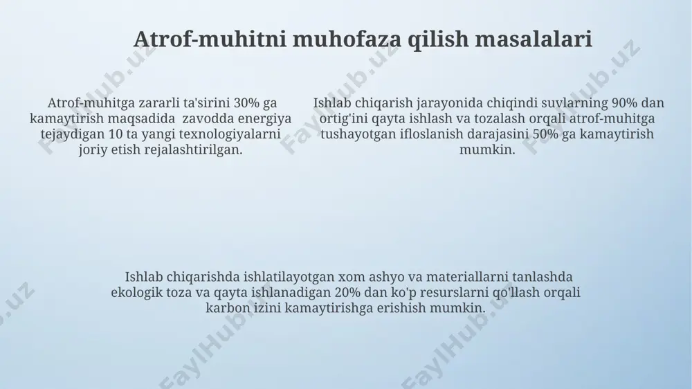f etish bo'yicha tavsiyalar ishlab chiqishni o'z ichiga oladi. ishchi kuchining malakasi va tayyorgarligi ishlab chiqarish jarayonida xatoliklarning 70% ishchilarning yetarlicha malaka va tayyorgarligisizligi bilan bog'liq bo'lishi mumkin, shuning uchun ushbu auditda bu jihatga alohida e'tibor qaratish kerak. o'qitish dasturlari samaradorligini aniqlash uchun, o'qitishdan oldin va keyin ishchilarning bajargan vazifalari bo'yicha kamida 15% li o'sish kuzatilishi lozim. ishchi kuchining malakasi va tajribasini baholash uchun kamida 30 nafar ishchining namunaviy tekshiruvi o'tkazilishi va natijalar 5 ball shkalasi bo'yicha baholanishi tavsiya etiladi. audit xulosalari va hisobot tekshiruv xulosalarida aniqlangan 5 tadan ortiq jiddiy kamchiliklar mavjud bo'lsa, ishlab chiqarish jarayonini to'liq qayta ko'rib chiqish va 10% gacha qo'shimcha resurslarni jalb qilish tavsiya etiladi. audit hisobotida kamida 3 ta asosiy ko'rsatkich (mahsulot sifati, ishlab chiqarish samaradorligi, xarajatlar) bo'yicha kattalikdagi o'zgarishlar va ularning sabablari batafsil tahlil qilinishi kerak. audit hisobotida kamida 3 ta asosiy ko'rsatkich (mahsulot sifati, ishlab chiqarish samaradorligi, xarajatlar) bo'yicha kattalikdagi o'zgarishlar va …