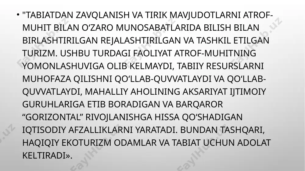 chidamli daraxtlar va butalar ko‘p o‘sadi. flora vakillari orasida efir moyli, meva va reza mevali, sarg‘ish kabi shifobaxsh xususiyatlarga ega dorivor o‘simliklar uchraydi. zomin chakalakzorlari bo‘ylab yurib, siz na’matak, yalpiz, hashaki no‘xot, tarxun, piyoz, chinnigullar, do‘lana, yorongul va boshqa ko‘p narsalarni terib olishingiz mumkin. zomin qo‘riqxonada, uning noyob tabiatidan tashqari qizil otaksoy maydonidagi g‘alati shakldagi ulkan qizil toshlar, qadimiy boboyong‘oq yong‘oq daraxti, peshag‘or g‘ori, “xujay serob-ota” ziyoratgohi kabi ko‘plab tabiiy va tarixiy diqqatga sazovor joylar ham mavjud. bundan tashqari, yil davomida zominda shifobaxsh dam olish ham mumkin. parkdan unchalik uzoq bo‘lmagan joyda, zomin sanatoriyasi joylashgan. dam olish zonasida ko‘p yillar davomida barcha o‘zbekistonliklar uchun sevimli dam olish maskaniga aylangan ko‘plab pansionatlar, sanatoriylar, dam olish uylari va bolalar oromgohlari mavjud. e’tiboringiz uchun raxmat image8.jpeg image9.jpeg image10.jpeg image11.jpeg image12.jpeg image13.jpeg media1.mp4 image14.png image7.jpeg image1.jpeg image2.jpeg image3.png /docprops/thumbnail.jpeg