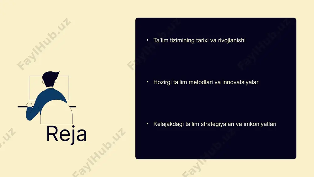sifatini oshirish va yosh avlodni zamonaviy talablarga mos ravishda tayyorlashga qaratilgan. maqsadlar va vazifalar taʼlim tizimining asosiy maqsadlari oʼquvchilarning bilimini oshirish, ularning ijodiy fikrlash qobiliyatini rivojlantirish va jamiyatning ijtimoiy-iqtisodiy rivojlanishiga hissa qoʼshishdir. shuningdek, taʼlim jarayonida oʼquvchilarni kasbga tayyorlash va ularni boshqarish qobiliyatlarini rivojlantirish muhimdir. sifatni oshirish choralar taʼlim sifatini oshirish maqsadida oʻzbekistonda bir qator chora-tadbirlar amalga oshirilmoqda. bunga yangi darsliklarning joriy etilishi, oʼqituvchilarni malakasini oshirish dasturlari, shuningdek, zamonaviy texnologiyalarni taʼlim jarayoniga keng qoʼllash kiradi. ushbu choralar taʼlim tizimining samaradorligini oshirishga qaratilgan. oʻzbekiston taʼlim tizimida islohotlar oʻzbekiston taʼlim tizimida soʻnggi yillarda bir qator muhim islohotlar amalga oshirildi. ushbu islohotlar taʼlim sifatini oshirishga qaratilgan bo‘lib, yangi o‘quv dasturlari, pedagogik metodlar va zamonaviy texnologiyalarni joriy etishni o‘z ichiga oladi. masalan, o‘quvchilar uchun interaktiv darsliklar va onlayn taʼlim platformalari ishlab chiqildi. bu yangiliklar taʼlim jarayonini yanada sifatli va samarali qilishda muhim rol o‘ynaydi. taʼlim tizimining islohoti shuningdek, o‘qituvchilarning malakasini oshirishga ham qaratilgan, bu esa …