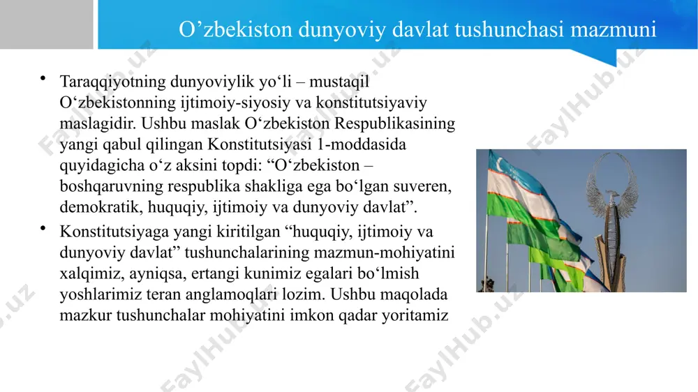 ka qarshi kurashish; tadbirkorlarga yordam; aholining bandligini va daromadlarini doimiy o‘sishini ta’minlash; ta’lim, sog‘liqni saqlash, ijtimoiy xizmatlar va ma’naviy-madaniy rivojlanishning qulayligini ta’minlash; jamiyatdagi ijtimoiy tengsizlikni yumshatish, imtiyozlarni qayta taqsimlash orqali munosib turmush sharoitini yaratish. ijtimoiy davlat belgilari: – bu sifatli ta’lim, malakali va maqbul tibbiy xizmat; ijtimoiy yo‘naltirilgan iqtisodiyot; fuqarolik jamiyatini rivojlanganligi; ijtimoiy davlat dasturlarini ishlab chiqishi va amalga oshirish; davlatning har kimga munosib turmush sharoiti, ijtimoiy ta’minot va shaxsning o‘zini o‘zi anglashi uchun teng boshlang‘ich sharoitlarini ta’minlash maqsadlarini tasdiqlash; fuqarolar oldidagi ijtimoiy mas’uliyat; ijtimoiy sohaga to‘lovlarning yuqori miqdori; ijtimoiy hayotni yaxshi rivojlangan tartibga solish tizimi; byudjetdan ijtimoiy to‘lovlarining mavjudligi; ijtimoiy himoya, ijtimoiy ta’minot va bandlik davlat tizimlarining mavjudligi; jamiyatning barcha muhtoj a’zolarini istisnosiz ijtimoiy qo‘llab-quvvatlashning mavjudligi; fuqarolarning farovonlik darajasi uchun davlat tomonidan javobgarlikni qabul qilish. o‘zbekiston davlatining siyosiy-huquqiy maqomiga kiritilgan “huquqiy davlat” tushunchasi esa bu demokratik tamoyillar asosida qabul qilingan qonunlar oldida barcha teng va hisobdor bo‘lgan, hech kim …