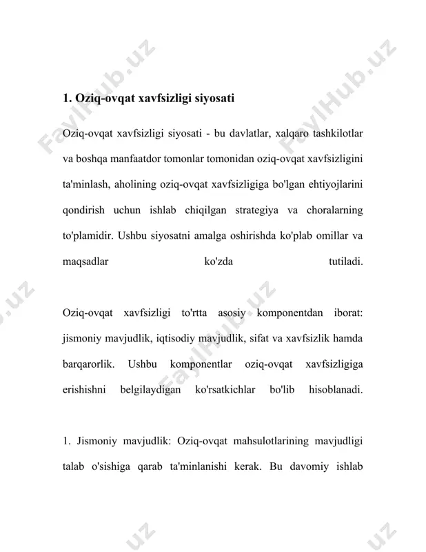 davomida ko'plab texnologik yangiliklar joriy etildi. masalan, yuqori samarali urug'larni ishlab chiqish, murakkab sug'orish tizimlarini tatbiq etish, shuningdek, oziq-ovqat zanjirlarida innovatsion yechimlar topish orqali nazorati kuchaytirildi. to'g'ri siyosatlar qo'llanilganda, oziq-ovqat xavfsizligi yaxshilanadi va ko'proq insonlar yuzaga kelayotgan qiyinchiliklardan xalos bo'ladi. 2. dehqonchilik va hosildorlik masalalari dehqonchilik va hosildorlik masalalari dunyodagi ko'plab mamlakatlar uchun muhim iqtisodiy va ijtimoiy ahamiyatga ega. o'zbekistonda ham dehqonchilik uzoq tarixga ega bo'lib, mamlakat iqtisodiyotining asosiy tarmoqlaridan biri hisoblanadi. o'zbekistonda qishloq xo'jaligi yerlarining umumiy maydoni taxminan 45 million gektar, shundan sug'oriladigan yerlar 4,3 million gektarni tashkil etadi. sug'oriladigan yerlar asosiy qishloq xo'jaligi mahsulotlarini ishlab chiqarish uchun zarur bo'lib, g'alla, paxta, sabzavot va mevalarning asosiy qismini yetishtirishda foydalaniladi. 2020 yilda mamlakatda paxta hosili taxminan 3,0 million tonnani tashkil etgan. g'alla yetishtirish uchun ajratilgan maydonlar ham juda muhimdir, aksariyat hollarda bug'doy yetishtiriladi. o'zbekistonda har yili o'rtacha 6-7 million tonna bug'doy ishlab chiqariladi. 2020 yilda bug'doy hosildorligi gektariga o'rtacha 4,5 …