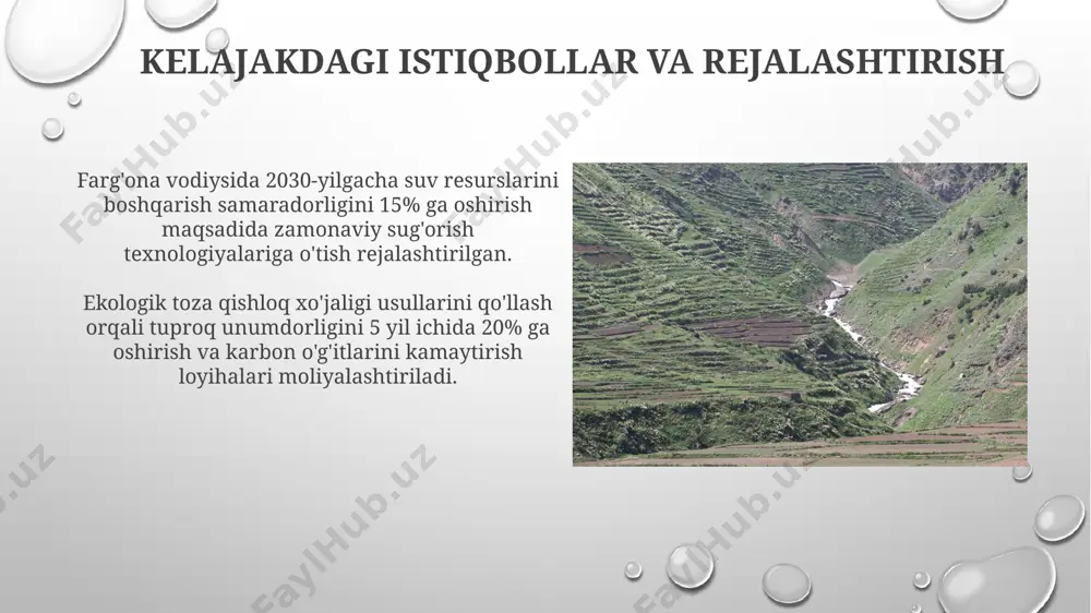 . yer osti suvlari sathi va shoʻrlanish darajasi yer osti suvlarining sifati, uning tarkibidagi mineral tuzlar miqdori (masalan, sulfatlar va xloridlar) o'rtacha 3-7 ms/sm oralig'ida o'zgarib turadi, bu sug'orish uchun mos emasligini bildiradi. vodiyning janubi-g'arbiy qismida yer osti suvlarining sho'rlanish darajasi 10-15 g/l ga yetgan, bu yerlarning qishloq xo'jaligiga yaroqliligini pasaytiradi. xulosa va tavsiyalar мелиоратив ишлар самарадорлигини ошириш учун ҳудуддаги 5 тадан ортиқ тадқиқот марказлари билан ҳамкорликни кучайтириш ва инновацион ечимларни қўллаш муҳимдир. ферғона водийсидаги мелиоратив ҳолатни яхшилаш учун 15% ерларни интенсив суғориш тизимига ўтказиш ва сув тежовчи технологияларни жорий этиш тавсия этилади. e'tiboringiz uchun rahmat @taqdimot_robot image3.png image4.jpg image5.jpg image6.jpg image7.jpg image8.jpg image9.jpg image10.jpg image11.jpg image12.jpg image13.jpg image14.jpg image15.jpg image16.jpg image17.jpg image18.jpg image19.jpg image20.jpg image1.png