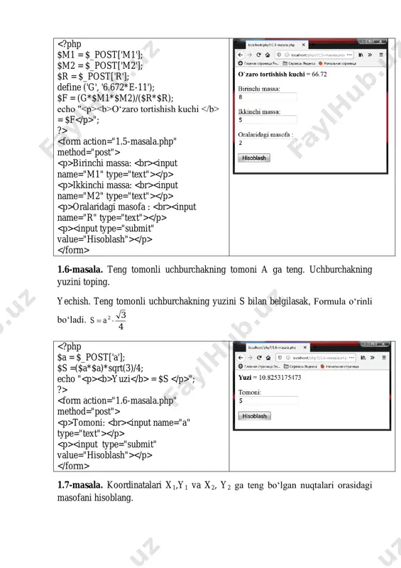 iymati = $f "; ?> argumentning qiymati: 1.17-masala. uzunligi l(m) ga teng matematik mayatnikning tebranish davrini hisoblang. (hisoblash formulasi t=2 lg , bunda 81.9;14.3  g (m/s 2 )). tebranish davri = $t "; ?> uzunligini kiriting: 1.18-masala. aylananing uzunligi c berilgan. shu aylana bilan chegaralangan doiraning yuzi s ni aniqlang. (hisoblash formulasi: s=c 2 /4 ). doiraning yuzi = $s "; ?> aylananing uzunligi: 1.19-masala. radiuslari a va r ga teng (a halqaning yuzi = $s "; ?> radiusi: a= radiusi: r= 1.20-masala. uchburchakning a va b ikkita tomoni va ular orasidagi burchagi g (gradusda) berilgan. uchburchakning uchinchi tomonini toping. (hisoblash formulasi:c= )2( 22 cosgabba  ). uchburchakning yuzi = $s "; ?> uchburchak tomoni: a= uchburchak tomoni: b= gradusda: g=
