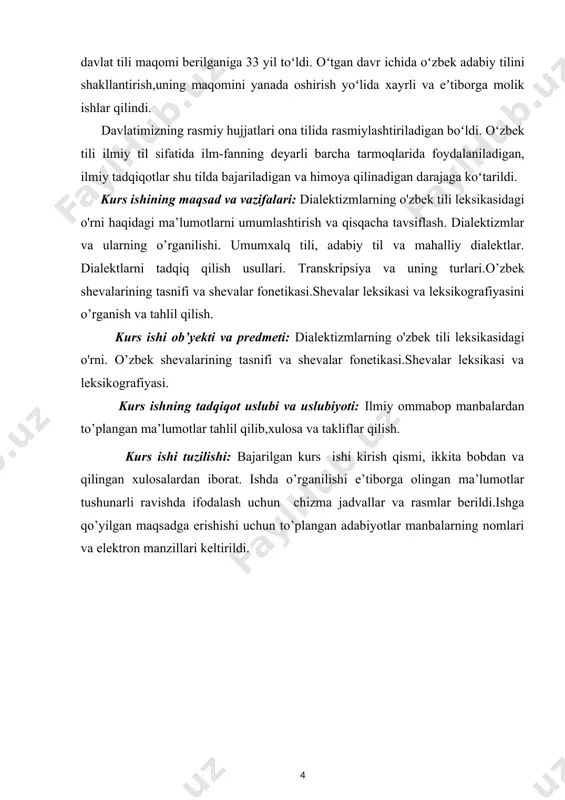 bo’lgan munosabatini belgilash; · o’xshash xususiyatlariga ko’ra shevalarning tarqalish xududlarini aniqlash; · umumiy o’xshash lingvistik xususiyatlarni belgilash asosida shevalarning xarita va atlasini tuzish; · alohida guruhga kiruvchi shevalarning umumiy tomonlari va o’xshashliklari bilan birga, o’zaro farqlanuvchi tomonlari va buning sabablarini ochib berish; · o’zbek tilining ko’p shevali ekanligining tarixiy sabablarini aniqlash; · maktab o’quvchilari nutqida, turli yozma ishlarda uchraydigan mahalliy sheva xususiyatlari va ularni bartaraf etish yo’llari hamda usullarini ishlab chiqish, uni amalga oshirish. o’zbek dialektologiyasida mavjud bo’lgan ilmiy adabiyotlarda sheva, lahja va dialekt atamalari turli ma’nolarda qullanib kelinmoqda. vaholanki, bu atamalarning ma’nosi bir-biridan deyarli katta farqqa ega emas. «sheva» atamasi forscha so’z bo’lib, ovoz, til, so’zlashish, odat, yo’sin, ravish kabi ma’nolarni ifodalab, biror bir tilning o’ziga xos fonetik, leksik va grammatik xususiyatlariga ega bo’lgan eng kichik qismidir. lahja (arabcha so’z bo’lib, ifoda, so’z, sheva, ovoz kabi ma’nolarni ifodalaydi) shu xususiyatlarni o’zida birlashtiruvchi shevalar yiindisidir. [footnoteref:2] [2: abdurahmonov g‘. о‘zbek …