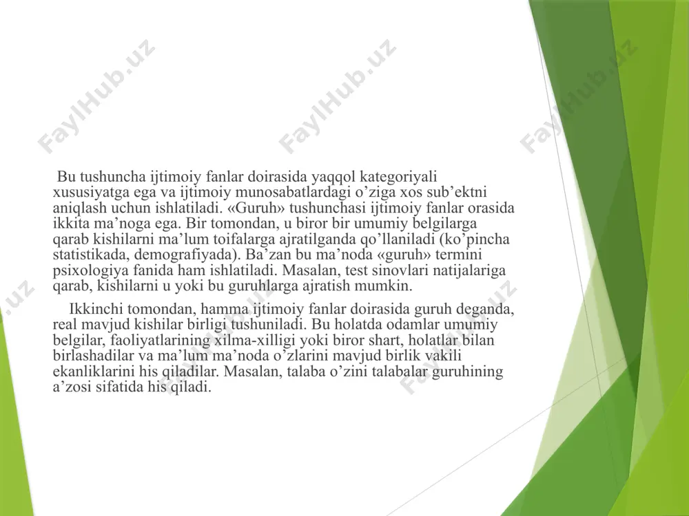 dan iborat partiya kichik guruhdir, chunki bu guruh vakillarining shaxsan bir-birlarini tanishlari (bilishlari) kichik guruhga xos bo’lgan xususiyatni beradi kichik guruhlar deganda, ko’pi bilan bir necha o’nlab a’zolardan iborat bo’lgan kam sonli guruhlar tushuniladi. bu guruhlar ko’pincha samimiy do’stona munosabatlarda bo’ladi, guruh a’zolari o’rtasidagi bevosita o’zaro aloqalar ustun turadi, guruh a’zolari o’rtasidagi munosabatlar norasmiy institutlar yordamida tartibga solinadi. bundan tashqari, maxsus vazifalarni bajarishga mo’ljallagan, yuqori darajada shakllagan kichik maqsadli guruhlar ham mavjud. bu guruhlarda a’zolar o’rtasidagi munosabatlar maxsus xizmat ko’rsatmalari bilan tartibga solinadi. yashirin ishlayotgan partiya yacheykasi bunga misol bo’la oladi. kichik guruhlarga oilani, do’stlarni, qo’shnilarni, ishlab chiqarish brigadasini va boshqa guruhlarni kiritish mumkin. kichik sotsial guruhlarning turlari juda ko’p. ular turli mezonlarga qarab turlarga ajratiladi. guruh munosabatlari tuzilmasiga qarab kichik sotsial guruhlar rasmiy va norasmiy guruhlarga, a’zolar o’rtasidagi munosabatlarning yaqinligiga qarab esa birlamchi va ikkilamchi guruhlarga, guruhga a’zo bo’lish va bo’lmasligiga qarab a’zoli va referent guruhlarga bo’linadi. sanab o’tilgan …