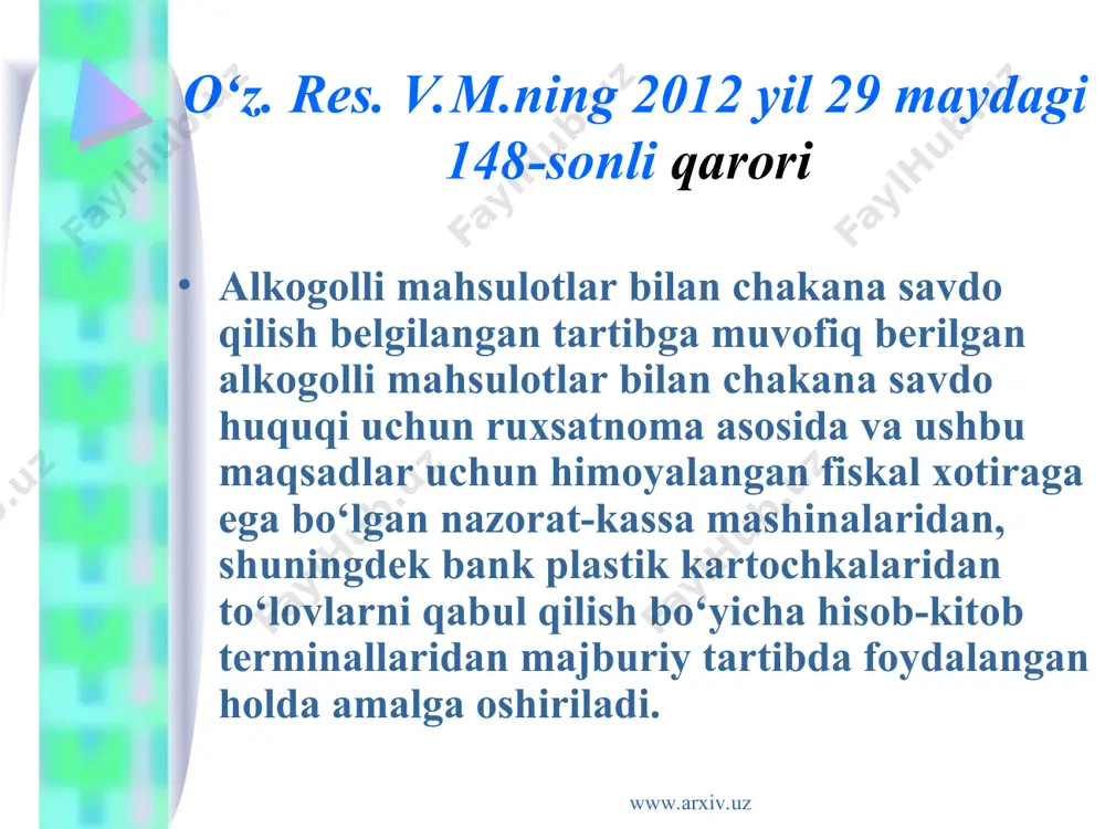 ni sotish mumkin emas: alkogolli mahsulotlarni saqlash va sotish uchun sanitariya normalari va qoidalariga muvofiq bo‘lmagan xona va joylarda; ta’lim, sport va diniy muassasalardan kamida besh yuz metr radiusda joylashgan savdo korxonalarida; tamaki mahsulotlariga nisbatan – donalab, qutisiz (o‘ramsiz); savdo avtomatlari orqali; www.arxiv.uz www.arxiv.uz alkogol va tamaki mahsulotlarini sotish mumkin emas: jamoat transporti bekatlarida, shu jumladan metropoliten bekatlarida, jamoat joylarida va dam olish joylarida, davolash-profilaktika va sport-sog‘lomlashtirish muassasalari hududida, ushbu muassasalar va ishlab chiqarish korxonalarining oshxonalarida, aeroportlarga, temir yo‘l vokzallari va avtostansiyalarga tutashib ketgan joylarda joylashgan savdo korxonalarida; etiketkalarsiz, iflos (ichki yoki tashqi tomoni), singan (og‘zi uchgan, yorilgan), tiqini uchgan, umumiy ko‘rinishi tiniq bo‘lmagan, chet narsalar aralashgan, cho‘kindili butilkalarda (vinolar to‘plamidan tashqari); alkogolli mahsulotlarga qonun hujjatlarida belgilangan eng past chakana narxdan past narxlarda (pivodan tashqari) sotish taqiqlanadi. www.arxiv.uz www.arxiv.uz xaridor kamchiliklari bo‘lgan alkogol va tamaki mahsulotlari sotib olgan taqdirda sotuvchi xaridor talabiga ko‘ra ularni sifatli tovarga almashtirib berishga yoki, agar …