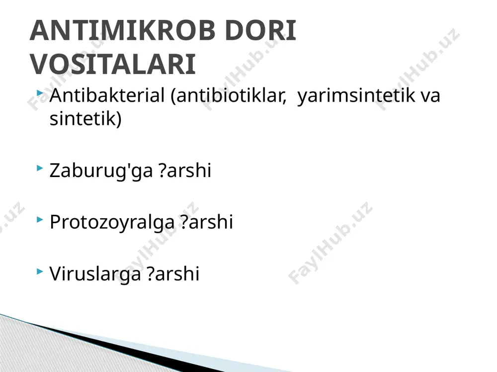 n i avlod: streptomitsin, neomitsin, kanamitsin ii avlod: gentamitsin, tobramitsin, netilmitsin iii avlod: amikatsin nima uchun avlodlarga bo'linish kriteriylari: aktivlik spektri ikkilamchi rezistentlikni paydo bo'lishi aminoglikozidlarni klassifikatsiyasi ftorxinolonlarni klassifikatsiyasi г-ftorxinolonlar г+ftorxinolonlar respirator antianaerobftorxinolonlar siprofloksatsin norfloksatsin ofloksatsin peофлоксацин lemoофлоксацин sparfloksatsin levofloksatsin moksifloksatsin gatifloksatsin tetratsiklinlarni klassifikatsiyasi tabiiy yarimsintetik tetrasiklin doksisiklin linkozamidlarni klassifikatsiyasi linkomitsin klindomitsin glikopeptidlarni klassifikatsiyasi vankomitsin teykoplanin polimiksinlar – antibakterial dori vositalar bo'lib, ular mikrob xujayralarni tsitoplazmatik membranisini butunligini buzadigan vositalar polimiksin v – b-laktam antibiotiklarga, aminoglikozidlarga, ftorxinolonlarga, karbapenemlarga chidamligi bo'lgan ko'k yiring tayo?cha infektsiyasida rezerv preparati disbakterioz superinfektsiya (kandidoz) mikroorganizmlarni ikkilamchi rezistentnostligi paydo bo'lishi polipovitaminoz psevdomembranoz kolit allergik reaktsiyalar antibiotikoterapiyani nojo'ya ta'sirlari image1.jpeg image2.wmf image3.wmf image4.wmf image5.wmf image6.wmf oleobject5.bin c c c n b c h 3 h s o n h h h r c o o h a c h 3 c c c c b o h c s r h h h o h 3 c …