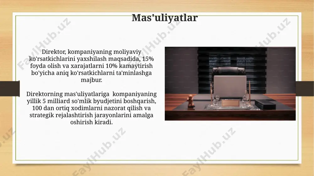 qoidasidan foydalanib, 20% asosiy vazifalarga 80% vaqt ajratish va qolgan vazifalarni delegatsiya qilish maqsadga muvofiq. muloqot samaradorligini oshirish uchun 5tadan ortiq aloqa kanalidan foydalanish va har bir jamoa a’zosi bilan kamida haftada 2 marta muloqot qilish tavsiya etiladi. moliyaviy savodxonlik moliyaviy savodxonlik darajasi yuqori bo'lgan xodimlar 30% ga ko'proq samarali ishlaydi va 15% ga kamroq xato qiladi, bu kompaniyaning umumiy rentabelligini oshiradi. budjet rejalashtirish va moliyaviy hisobotlarni tahlil qilish bo'yicha o'rtacha 5 kunlik treningdan so'ng, ishtirokchilarning 70% o'zlarining shaxsiy moliyaviy holatini yaxshilashga muvaffaq bo'ladi. e'tiboringiz uchun rahmat @taqdimot_robot image7.jpg image8.jpg image9.jpg image10.jpg image11.jpg image12.jpg image13.jpg image14.jpg image15.jpg image16.jpg image17.jpg image18.jpg image19.jpg image20.jpg image21.jpg image22.jpg image23.jpg image3.png image4.png