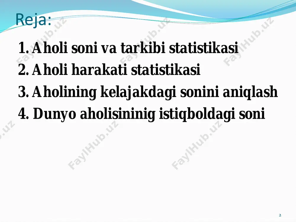 alari ( qaysi aholi punktida yashayotganidan qatiy nazar) mazkur aholi punktida doimiy yashovchi aholini tushunamiz. mavjud aholi deganda ro’yhatga olish vaqtida ( yashash joyi doimiy yoki vaqtinchalik bo’lishidan qatiy nazar) mazkur aholi punktlarida bor bo’lgan aholi tushuniladi. vaqtinchalik yo’qlar - aholini ro’yhatga olish momentlaridan boshlab shu aholi punktidan tashqariga ketgan kishilar tushuniladi. ro’yhatga olinayotganda ular doimiy aholiga kiradi. vaqtincha yashovchilar jumlasiga (kritik) aholini ro’yhatga olish momentida aynan shu joyda hozir bo;gan, lekin doimiy yashash joyidan tashqari bo’lgan shaxslar kiradi. 7 dа = mа + vyo’ – vya bu erda : da- doimiy aholi soni: vyo’- vaqtincha yo’qlar vya-vaqtincha yashayotganlar ма = dа + vya – vyo’ 8 2. aholi harakati statistikasi 9 aholi harakati ko’rsatkichlari aholining tabiiy harakatini, tug’ilishi va o’lishini, nikohdan o’tganlar va ajralganlar sonini tavsiflovchi ko’rsatkichlar aholining migratsiyasini tavsiflovchi ko’rsatkichlar а aa k lotug to 1000)( '' '   10 tug’ilish koeffitsienti а a k lo o …