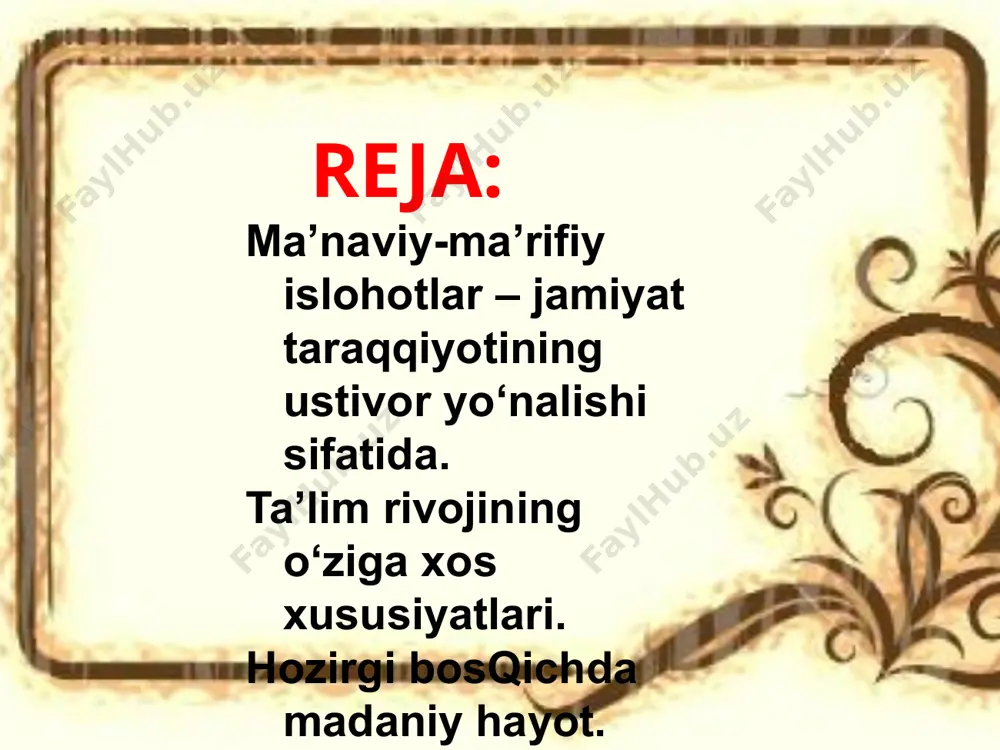 muvaffaqiyatli o‘tkazish, ijtimoiy-siyosiy, ma’naviy-iqtisodiy islohotlarni amalga oshirish uchun jahon andozalari darajasida bilim olgan iste’dodli, ruhan barkamol yosh milliy kadrlar zarurdir. «umid» jamg‘armasining o‘z oldiga qo‘ygan eng katta maqsadi ham xalq xo‘jaligining nufuzli tarmoqlarini yuqori malakali mutaxassislar bilan ta’minlashdan iborat bo‘ldi. hozirgi kunda o‘zbekistonlik talabalar o‘z tanlagan ixtisosliklari bo‘yicha aqsh, buyuk britaniya, germaniya va yaponiyaning jahonga mashhur oliy o‘quv yurtlariga muvaffaqiyat bilan shug‘ullanmoqdalar. har qanday sharoitda ham barcha millat va xalqlar o‘zining ma’naviy ehtiyojlarini qondirishga muhtojlik sezadi. ma’naviyat – inson uchun mavjudlik belgisi. ma’naviy boylik – u yoki bu millatni boshqa etnik birikmalardan o‘ziga xosligini bildiruvchi, anglatuvchi muhim omildir. ma’naviyati yo‘q xalqning o‘zi yo‘q. shu bilan birga har bir xalq ma’naviyati ham bir xil darajada emas. image1.jpeg image2.jpeg image3.jpeg image4.wmf image5.jpeg image6.wmf image7.jpeg image8.png image9.jpeg image10.jpeg image11.jpeg image12.jpeg image13.png /docprops/thumbnail.jpeg