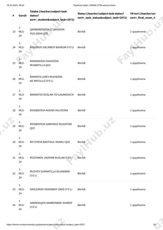 exam_type&subject_task=2972 https://hemis.nordicuniversity.org/teacher/subject-task-status?sort=_final_exam_type&subject_task=2972 https://hemis.nordicuniversity.org/teacher/subject-task-status?sort=_final_exam_type&subject_task=2972 https://hemis.nordicuniversity.org/teacher/subject-task-status?sort=_final_exam_type&subject_task=2972 https://hemis.nordicuniversity.org/teacher/subject-task-status?sort=_final_exam_type&subject_task=2972 https://hemis.nordicuniversity.org/teacher/subject-task-status?sort=_final_exam_type&subject_task=2972 # guruh 11 1- mls- 24 ibragimova muqaddas toʻlagan qizi berildi 1-qaydnoma 12 1- mls- 24 ismoilov asadbek azamat oʻgʻli berildi 1-qaydnoma 13 1- mls- 24 joʻraboyev roʻzimat dilshod oʻgʻli berildi 1-qaydnoma 14 1- mls- 24 kasimova dildora tursunbayevna berildi 1-qaydnoma 15 1- mls- 24 mambetsaburov abdullajon satimboy oʻgʻli berildi 1-qaydnoma 16 1- mls- 24 nabiyeva sevara alisherovna berildi 1-qaydnoma 17 1- mls- 24 nasritdinov sirojiddin saloxiddin oʻgʻli berildi 1-qaydnoma 18 1- mls- 24 neʼmatov diyorbek bunyod oʻgʻli berildi 1-qaydnoma 19 1- mls- 24 olimov otabek odil oʻgʻli berildi 1-qaydnoma 20 1- mls- 24 ollaberganov jamshidbek kodir oʻgʻli berildi 1-qaydnoma 21 1- mls- 24 omonov mehroj alisherovich berildi 1-qaydnoma 22 1- mls- 24 ortiqboyeva lobarxon hamrobek qizi berildi 1-qaydnoma talaba (/teacher/subject-task- status? sort=_student&subject_task=2972) status (/teacher/subject-task-status? sort=_task_status&subject_task=2972) yn turi (/teacher/sub sort=_final_exam_ty 18.03.2025, 08:53 topshiriq holati | hemis otm axborot tizimi https://hemis.nordicuniversity.org/teacher/subject-task-status?subject_task=2972 2/5 https://hemis.nordicuniversity.org/teacher/subject-task-status?sort=_student&subject_task=2972 https://hemis.nordicuniversity.org/teacher/subject-task-status?sort=_student&subject_task=2972 https://hemis.nordicuniversity.org/teacher/subject-task-status?sort=_student&subject_task=2972 …