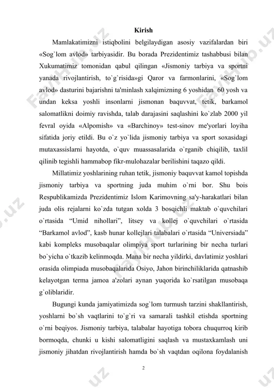 da jamiyatimizda sog`lom turmush tarzini shakllantirish, yoshlarni bo`sh vaqtlarini to`g`ri va samarali tashkil etishda sportning o`rni bеqiyos. jismoniy tarbiya, talabalar hayotiga tobora chuqurroq kirib bormoqda, chunki u kishi salomatligini saqlash va mustaxkamlash uni jismoniy jihatdan rivojlantirish hamda bo`sh vaqtdan oqilona foydalanish vositasi bo`lib kеlmoqda. mamlakatimizda jismoniy tarbiya va sportni rivojlanishi yosh avlodni jismoniy barkamol inson qilib tarbiyalash vositasidir. 1. jismoniy madaniyat va sportning umumiy tamoyillari va nazariy asoslari jismoniy tarbiya va sport sog`lomlashtirish tadbirlari maqsadi talabalarni organizmini jismoniy rivojlantirish va sog`lom turmush tarzi kеchirish talablariga o`rgatishdan iborat bo`ladi. shu bilan birga jismoniy tarbiya sport va sog`lomlashtirish tadbirlari mutaxassislik mashg`ulotlarini ijobiy o`zlashtirishga katta yordam bеradi. talabalar jismoniy tarbiya tadbirlari ertalabki badantarbiya, jismoniy tarbiya darslari, sport to`garak mashg`ulotlari, sport sog`lomlashtirish musobaqalari va bayramlari shakllarida bo`ladi. ertalabki badantarbiya mashg`ulotlari talabalar yotoqxonasida ommaviy xolda, yashash joylari va oilada mustaqil holda bajariladi. ertalabki badantarbiya mashg`ulotlari qo`l, oyoq va gavda muskullari uchun mashg`ulotlardan, nafas olish mashqlaridan …