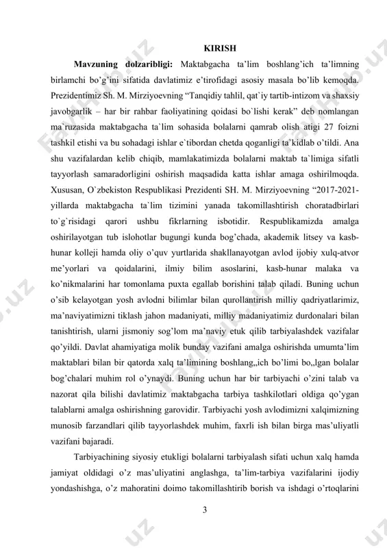 hamda oliy o’quv yurtlarida shakllanayotgan avlod ijobiy xulq-atvor me’yorlari va qoidalarini, ilmiy bilim asoslarini, kasb-hunar malaka va ko’nikmalarini har tomonlama puxta egallab borishini talab qiladi. buning uchun o’sib kelayotgan yosh avlodni bilimlar bilan qurollantirish milliy qadriyatlarimiz, ma’naviyatimizni tiklash jahon madaniyati, milliy madaniyatimiz durdonalari bilan tanishtirish, ularni jismoniy sog’lom ma’naviy etuk qilib tarbiyalashdek vazifalar qo’yildi. davlat ahamiyatiga molik bunday vazifani amalga oshirishda umumta’lim maktablari bilan bir qatorda xalq ta’limining boshlang„ich bo’limi bo„lgan bolalar bog’chalari muhim rol o’ynaydi. buning uchun har bir tarbiyachi o’zini talab va nazorat qila bilishi davlatimiz maktabgacha tarbiya tashkilotlari oldiga qo’ygan talablarni amalga oshirishning garovidir. tarbiyachi yosh avlodimizni xalqimizning munosib farzandlari qilib tayyorlashdek muhim, faxrli ish bilan birga mas’uliyatli vazifani bajaradi. tarbiyachining siyosiy etukligi bolalarni tarbiyalash sifati uchun xalq hamda jamiyat oldidagi o’z mas’uliyatini anglashga, ta’lim-tarbiya vazifalarini ijodiy yondashishga, o’z mahoratini doimo takomillashtirib borish va ishdagi o’rtoqlarini o’sishiga yordam beradi. demak, tarbiyachi avvalo, bilimli bo’lishi, o’zi yashab turgan …