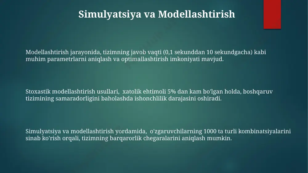 dan 10 ballgacha boʻlgan shkala yordamida sifatli va miqdoriy baholarni olish mumkin, bu esa nazorat tizimining samaradorligini aniqlashda obʼyektivlikni taʼminlaydi. kamida 3 nafar mutaxassisning bahosini o'rtacha hisoblash orqali, yakuniy natija xatoliklar ta'sirini kamaytirish va ishonchlilikni oshirish imkonini beradi. samaradorlikni optimallashtirish samaradorlikni 20% ga oshirish maqsadida, jarayonlarni tahlil qilish orqali 7 ta asosiy nuqsoni aniqlandi va ularni bartaraf etish bo'yicha aniq rejalar ishlab chiqildi. tizimning samaradorligini baholashda 3 ta asosiy ko'rsatkichdan foydalaniladi: ish vaqti, resurs sarfi va sifat ko'rsatkichlari, bu esa aniq miqdoriy baholashni ta'minlaydi. samaradorlikni optimallashtirishda 5% dan ortiq resurslarni tejashga erishish uchun avtomatlashtirilgan nazorat tizimlarini joriy etish tavsiya etiladi, bu esa 10% gacha samaradorlikni oshirishga olib keladi. o'lchovlar va ko'rsatkichlarni tanlash o'lchovlarni tanlashda tizimning maqsadlariga mos keladigan 5-10 ta asosiy ko'rsatkichni aniqlash va ularning o'lchash usullarini belgilash muhim. har bir ko'rsatkichning aniqligi va ishonchliligini ta'minlash kerak. ko'rsatkichlarning o'zaro ta'sirini va ularning bir-biriga ta'sirini kamaytirish uchun, korrelyatsion tahlil va faktor …
